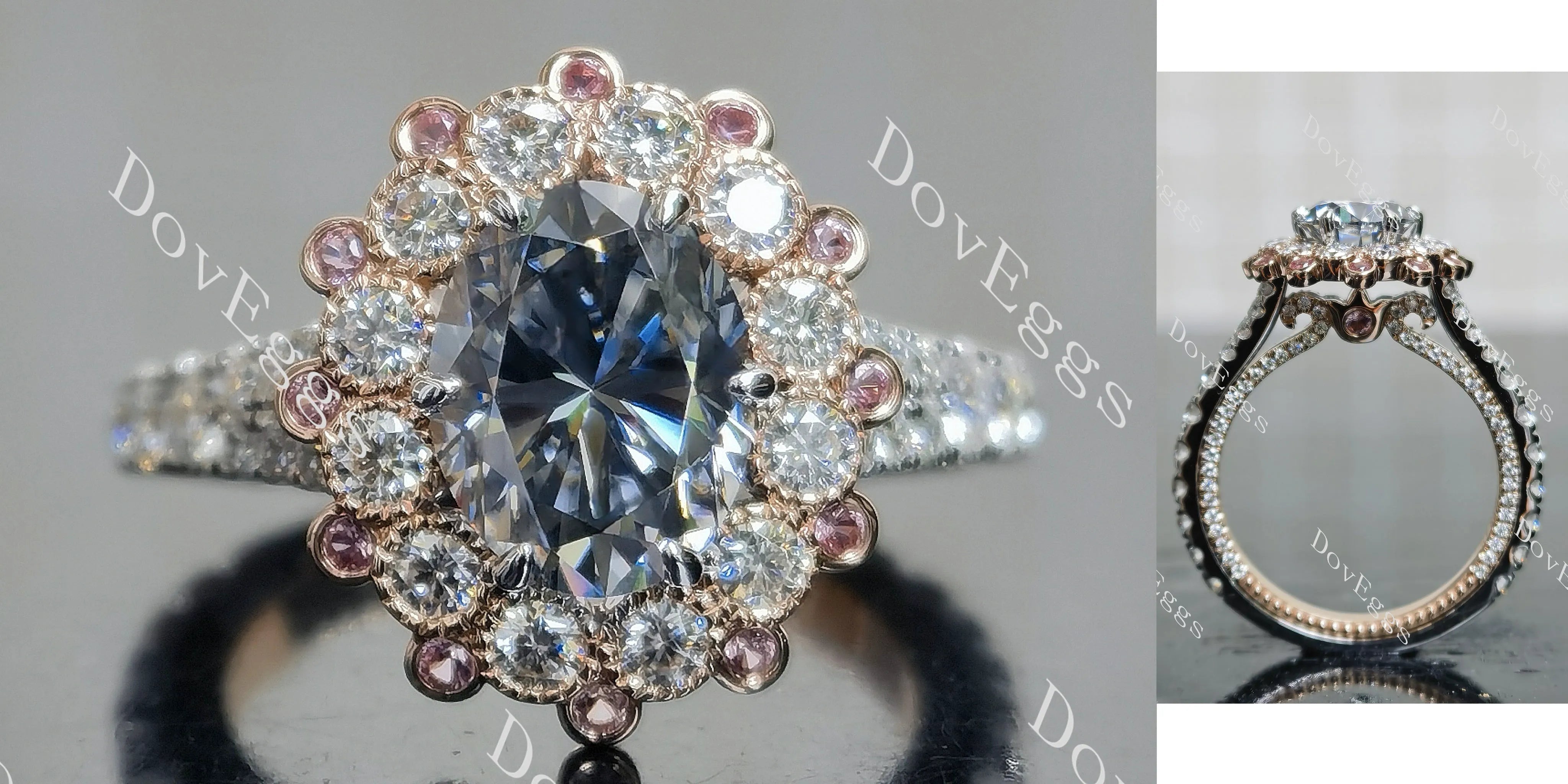 Oval halo floral vintage stardust grey moissanite engagement ring| Doveggs
