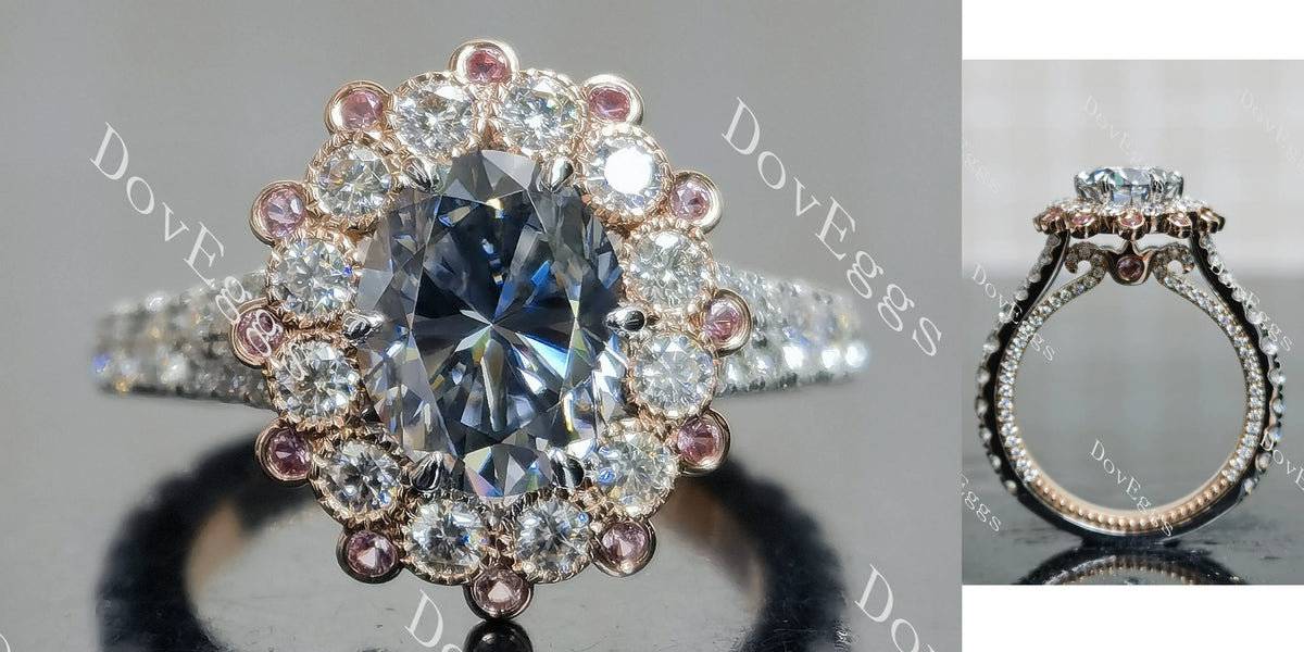 Oval halo floral vintage stardust grey moissanite engagement ring| Doveggs