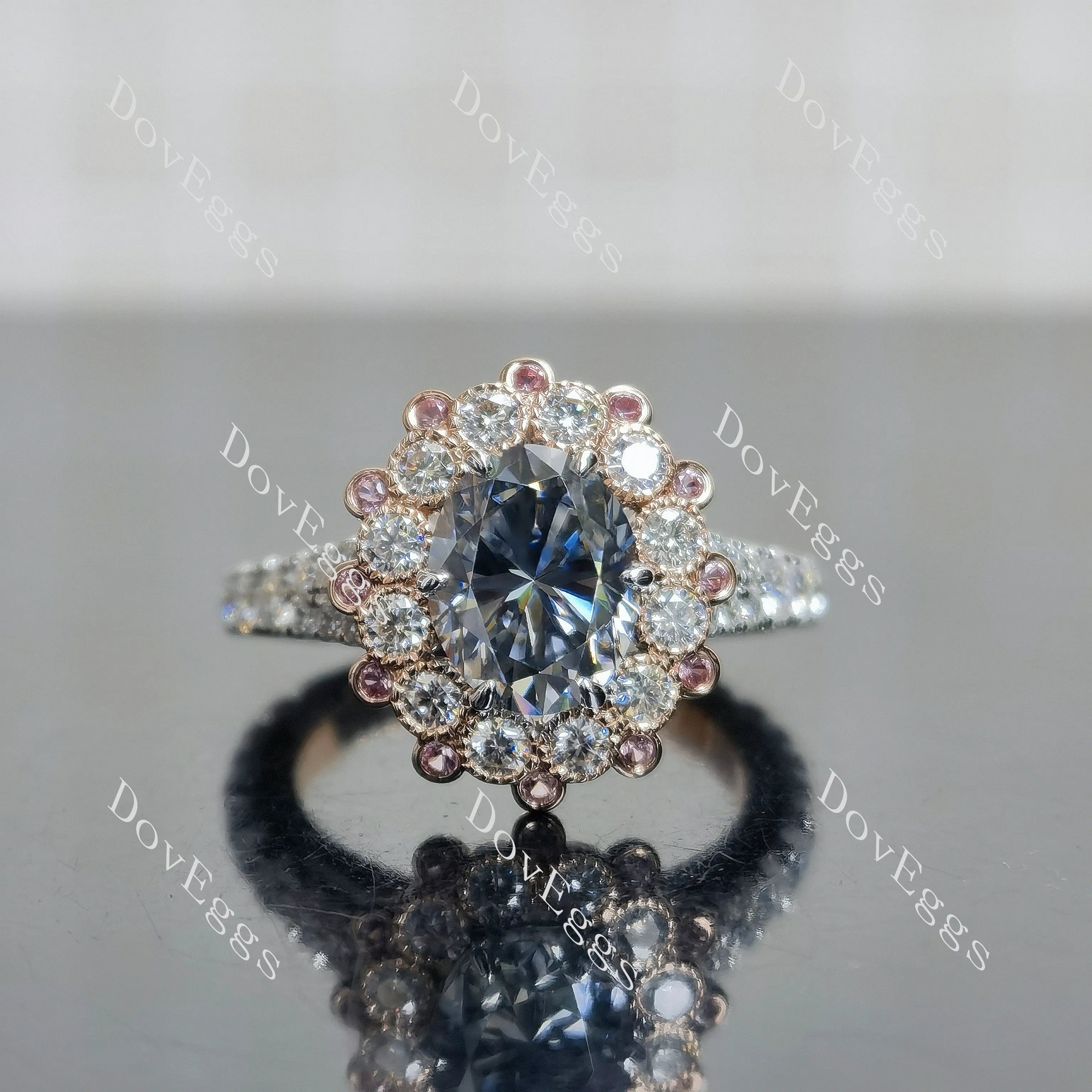Oval halo floral vintage stardust grey moissanite engagement ring| Doveggs