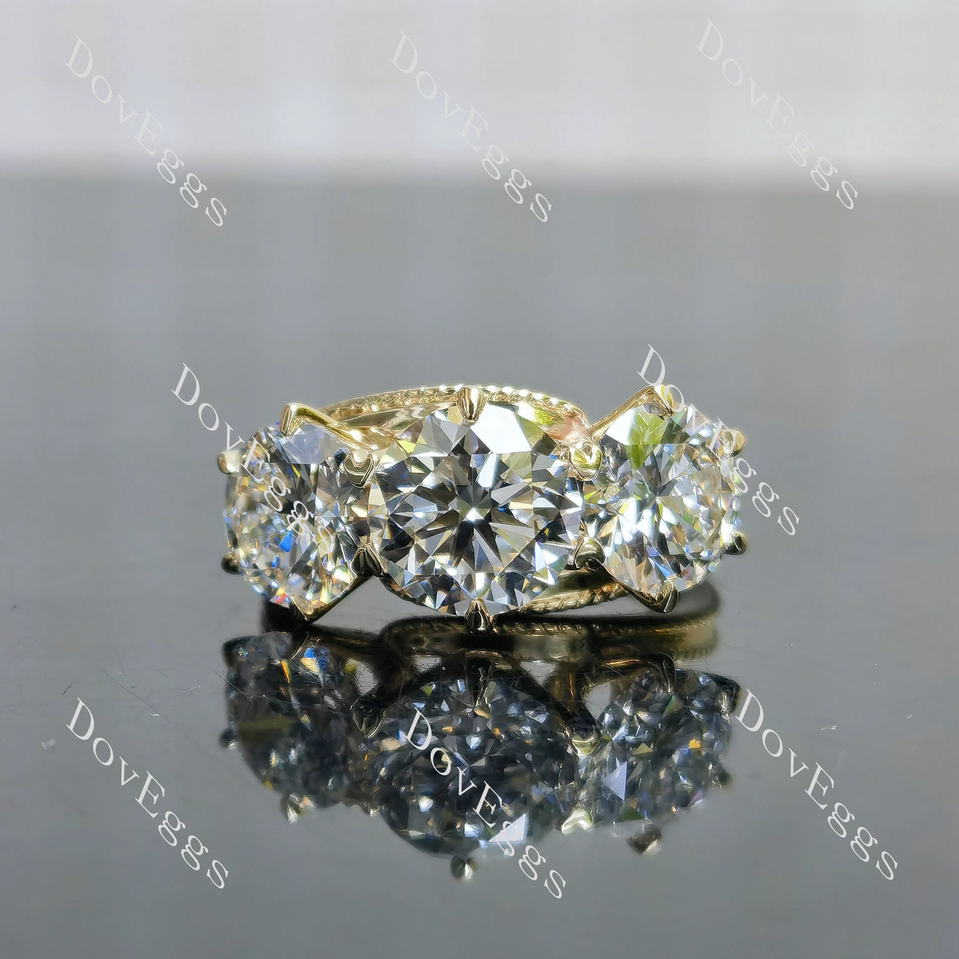 Tin’s Embrace-Round three stones moissanite engagement ring| DovEggs