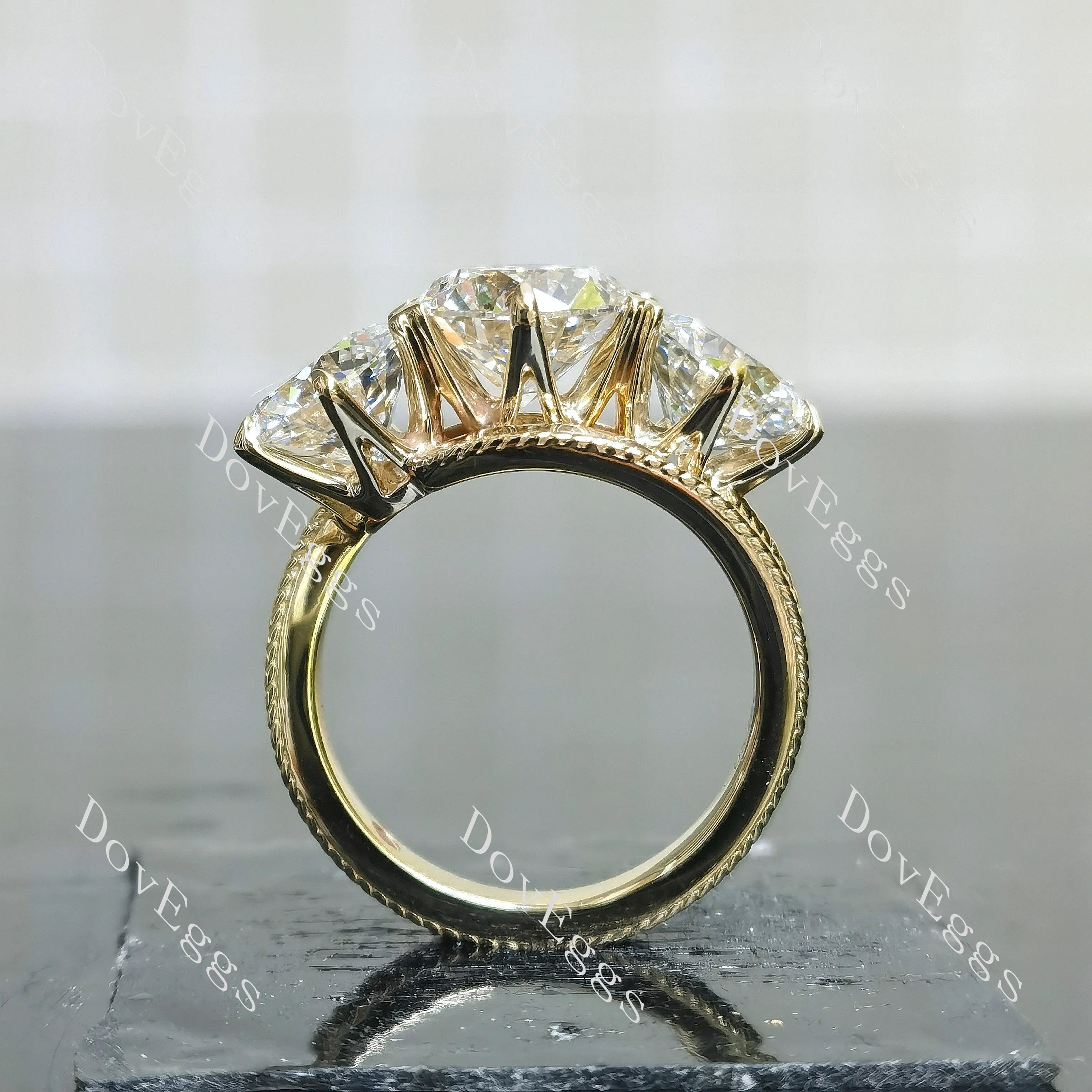 Tin’s Embrace-Round three stones moissanite engagement ring| DovEggs