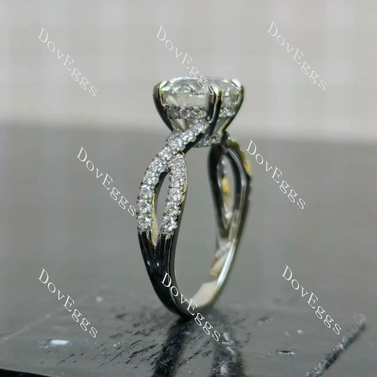 Round pave cross band moissanite engagement ring| DovEggs
