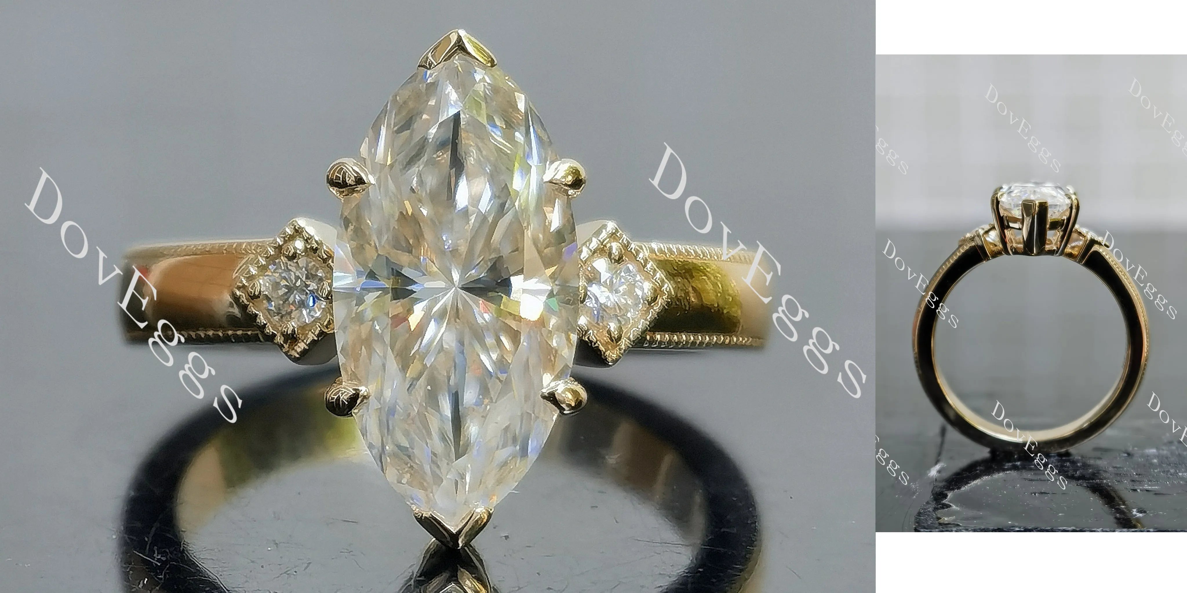 Marquise Modified H&A cut three stones moissanite engagement ring| DovEggs