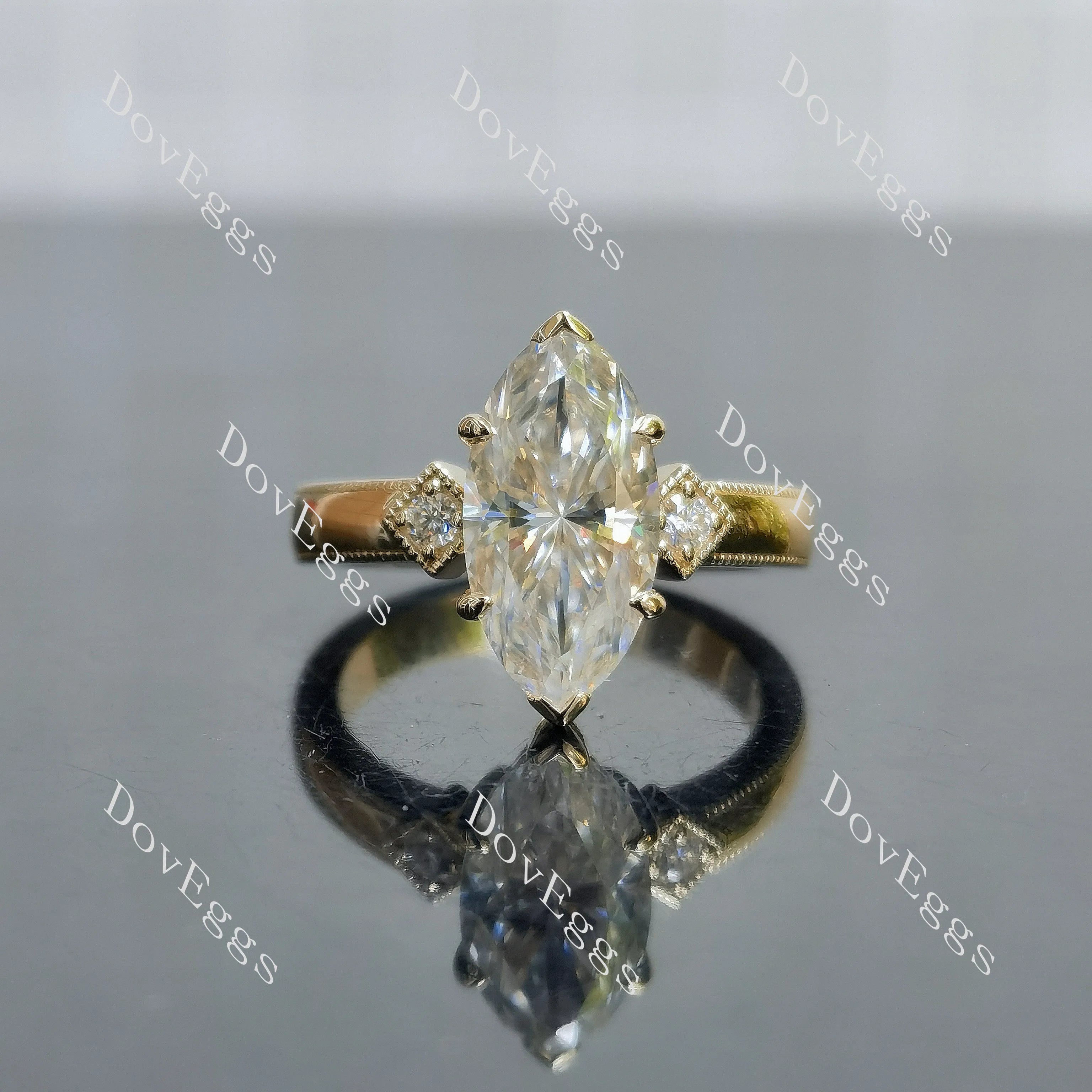 Marquise Modified H&A cut three stones moissanite engagement ring| DovEggs