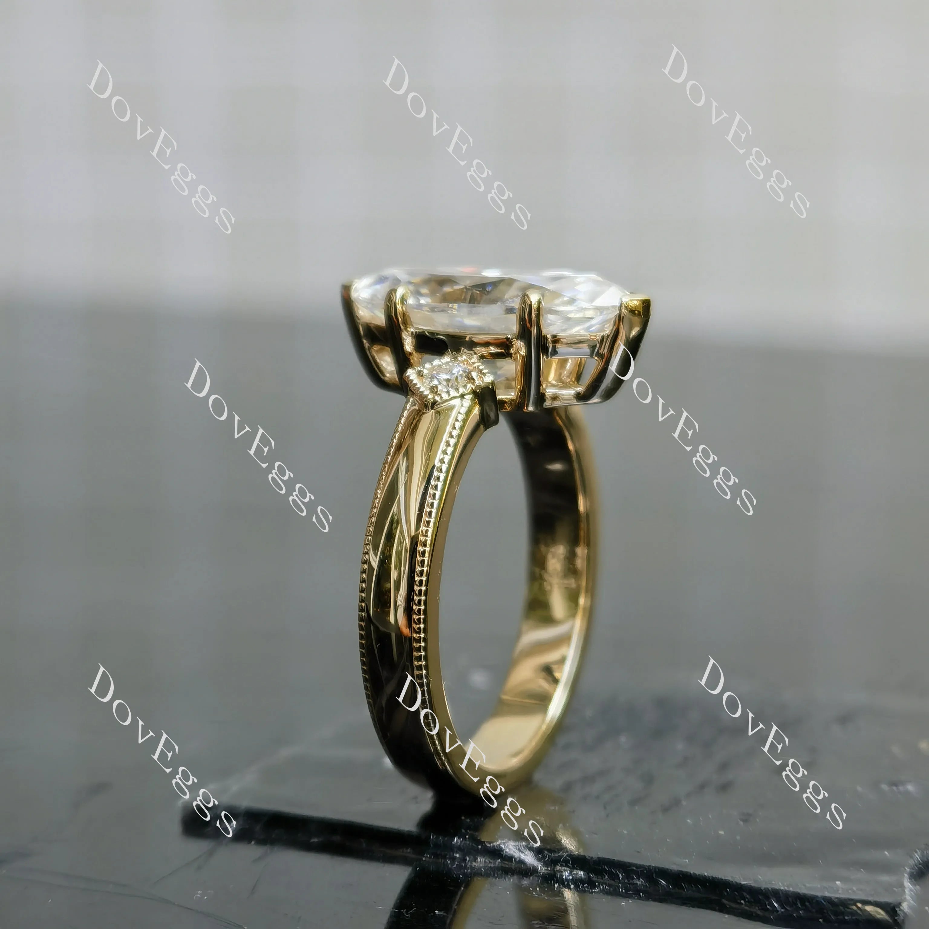 Marquise Modified H&A cut three stones moissanite engagement ring| DovEggs