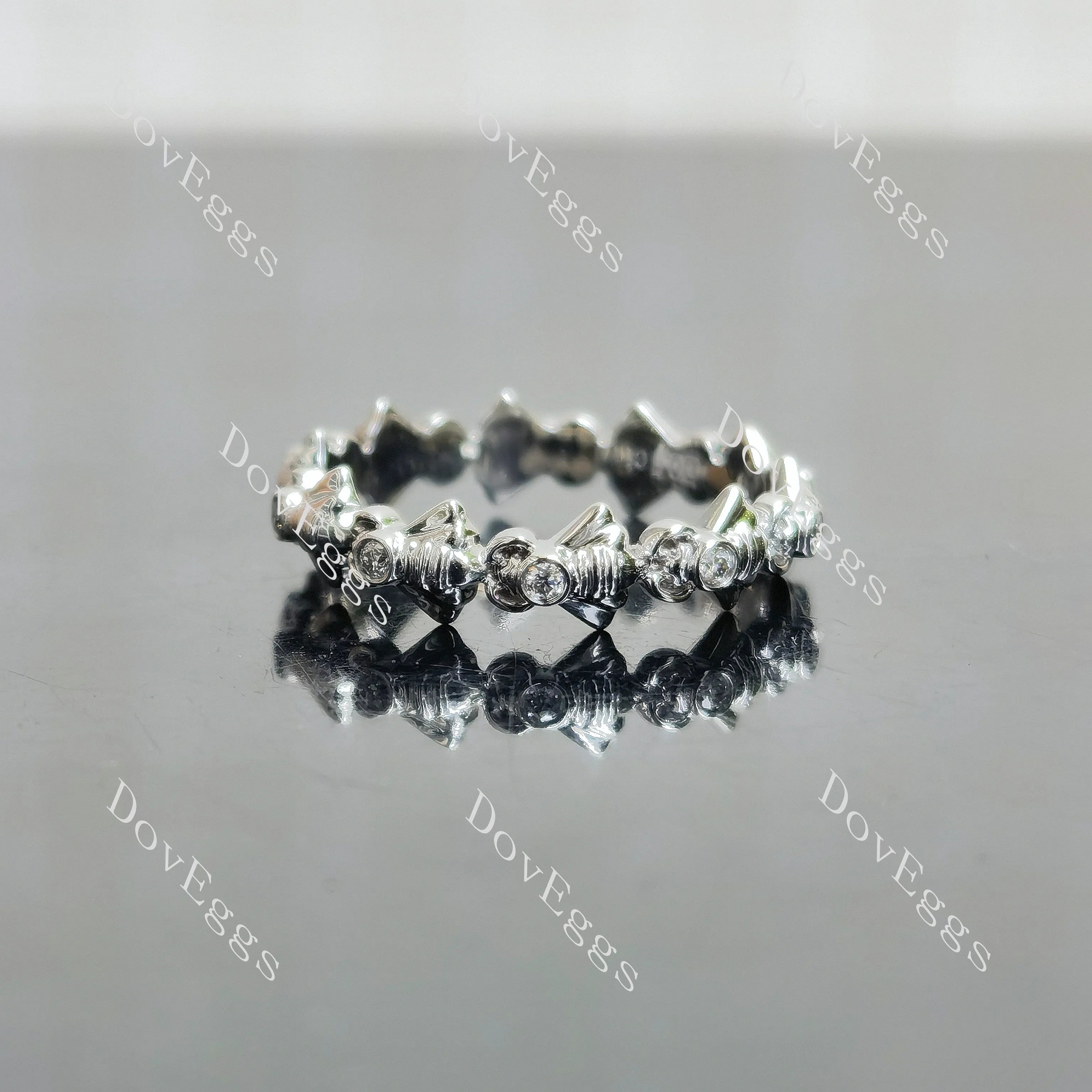 Tiny honeybee eternity round bezel moissanite/lab grown diamond wedding band-4.3mm band width| DovEggs