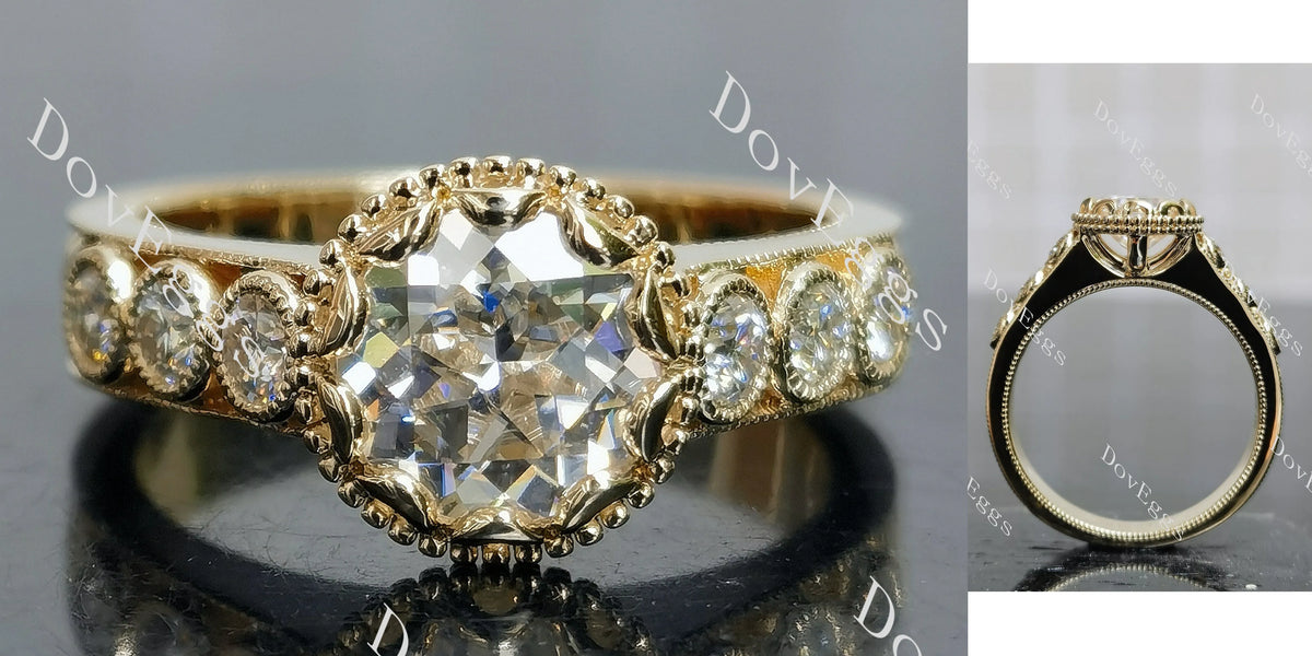 Round bezel pave art deco vintage moissanite engagement ring| DovEggs