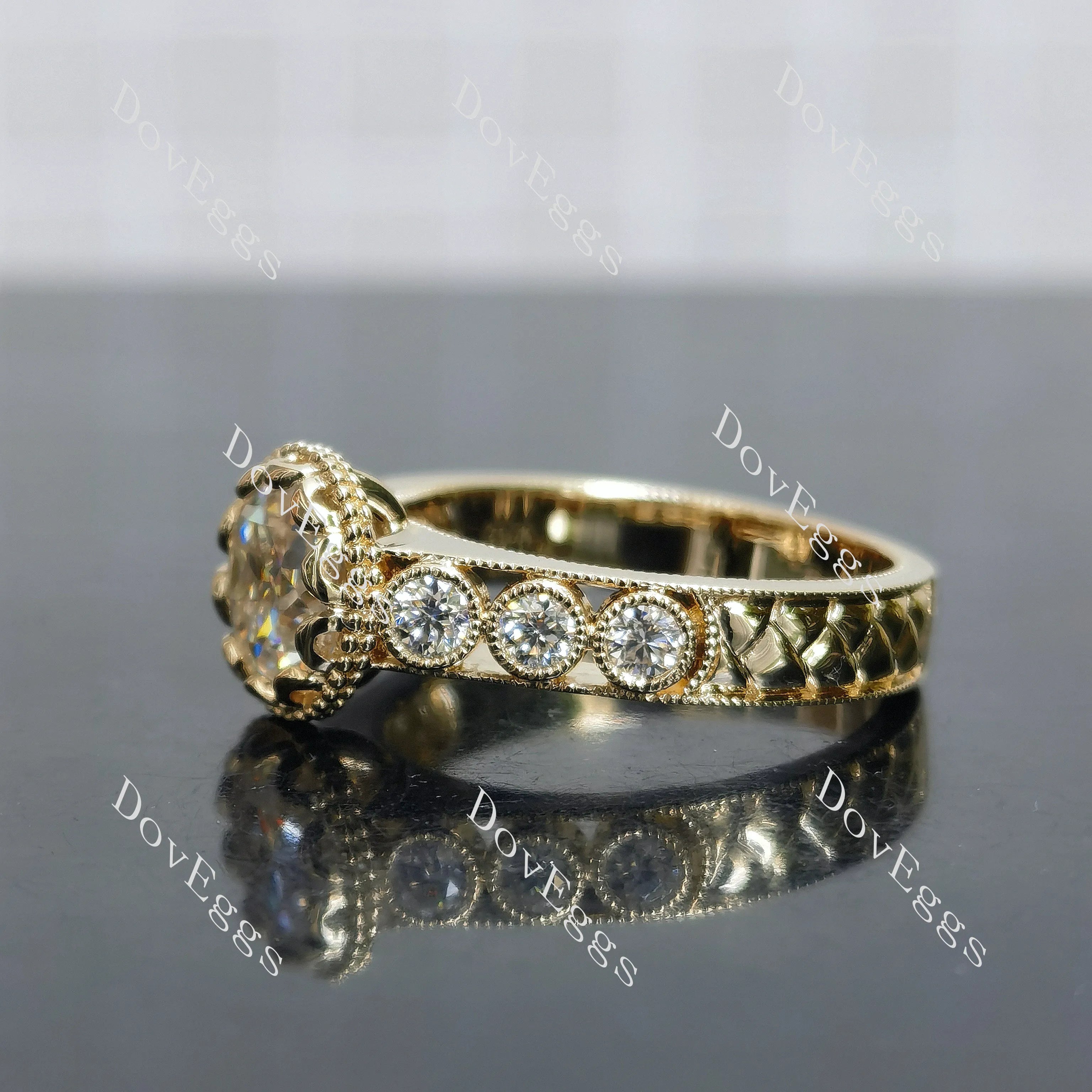 Round bezel pave art deco vintage moissanite engagement ring| DovEggs