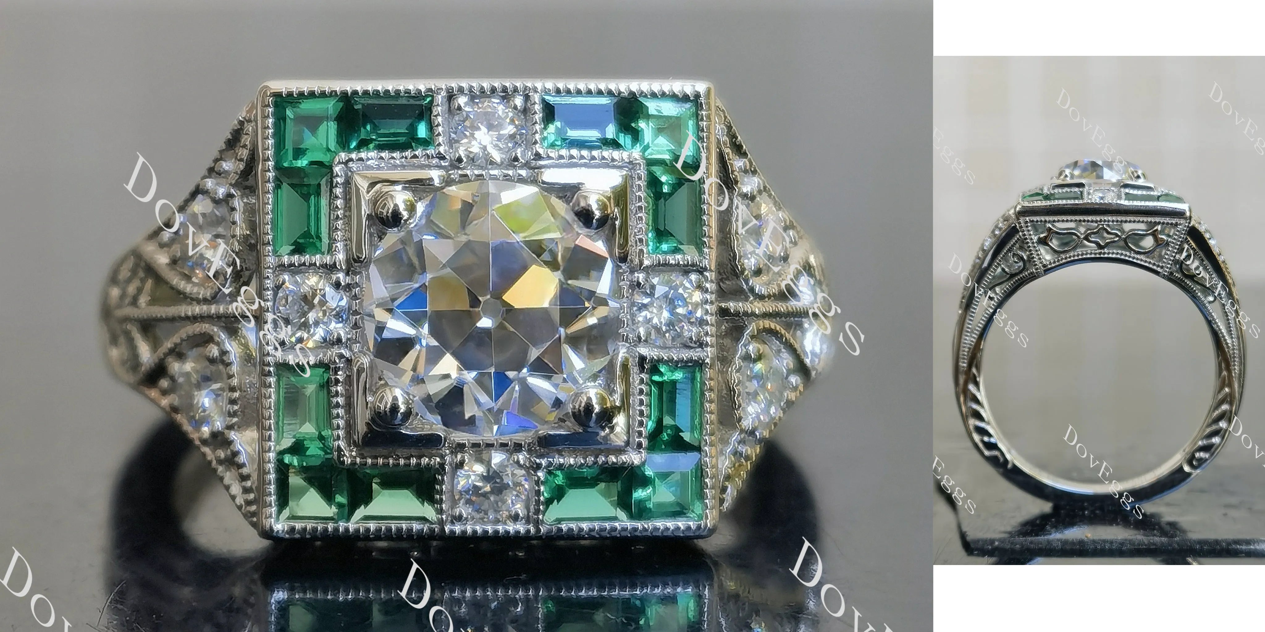 Round pave art deco vintage moissanite engagement ring| DovEggs