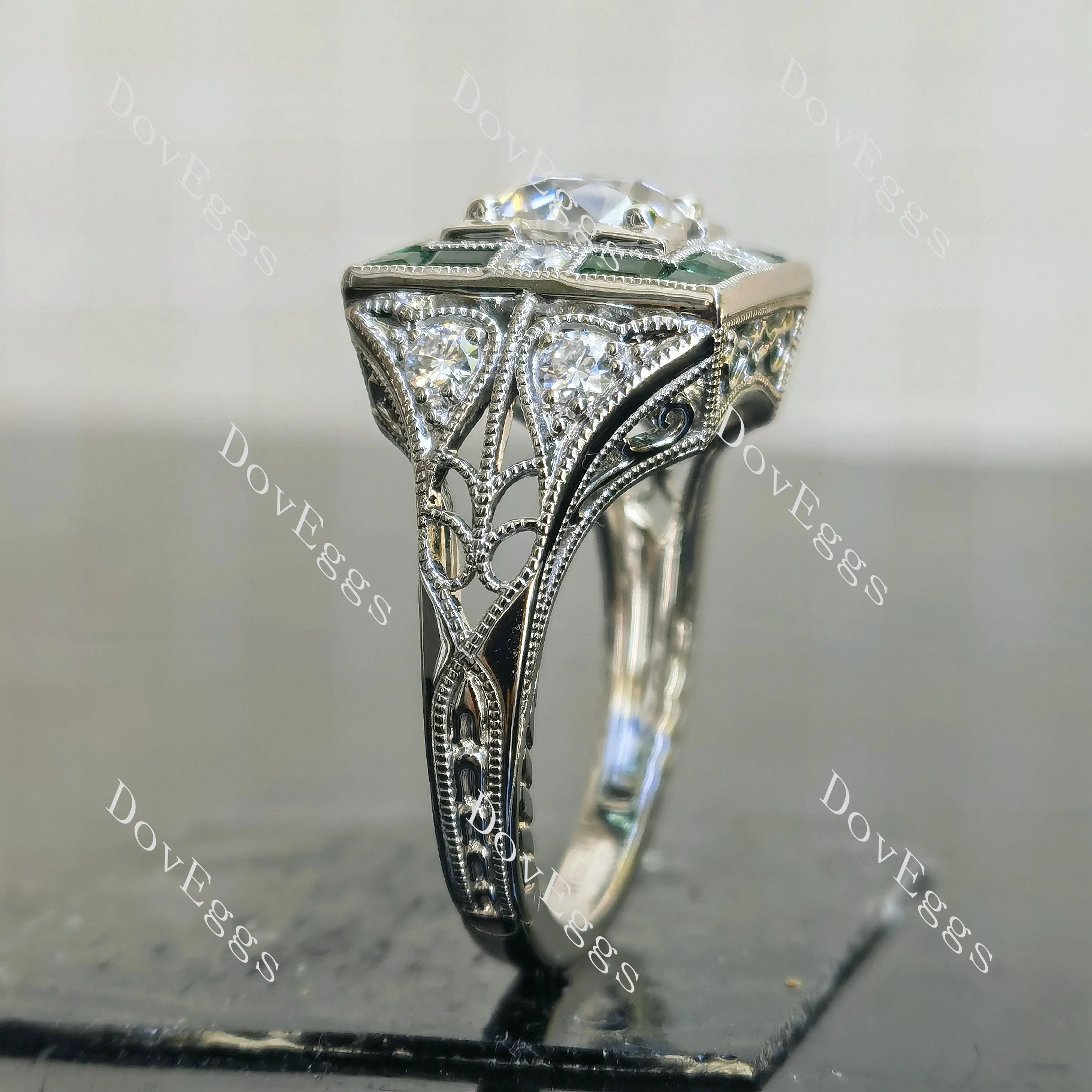 Round pave art deco vintage moissanite engagement ring| DovEggs