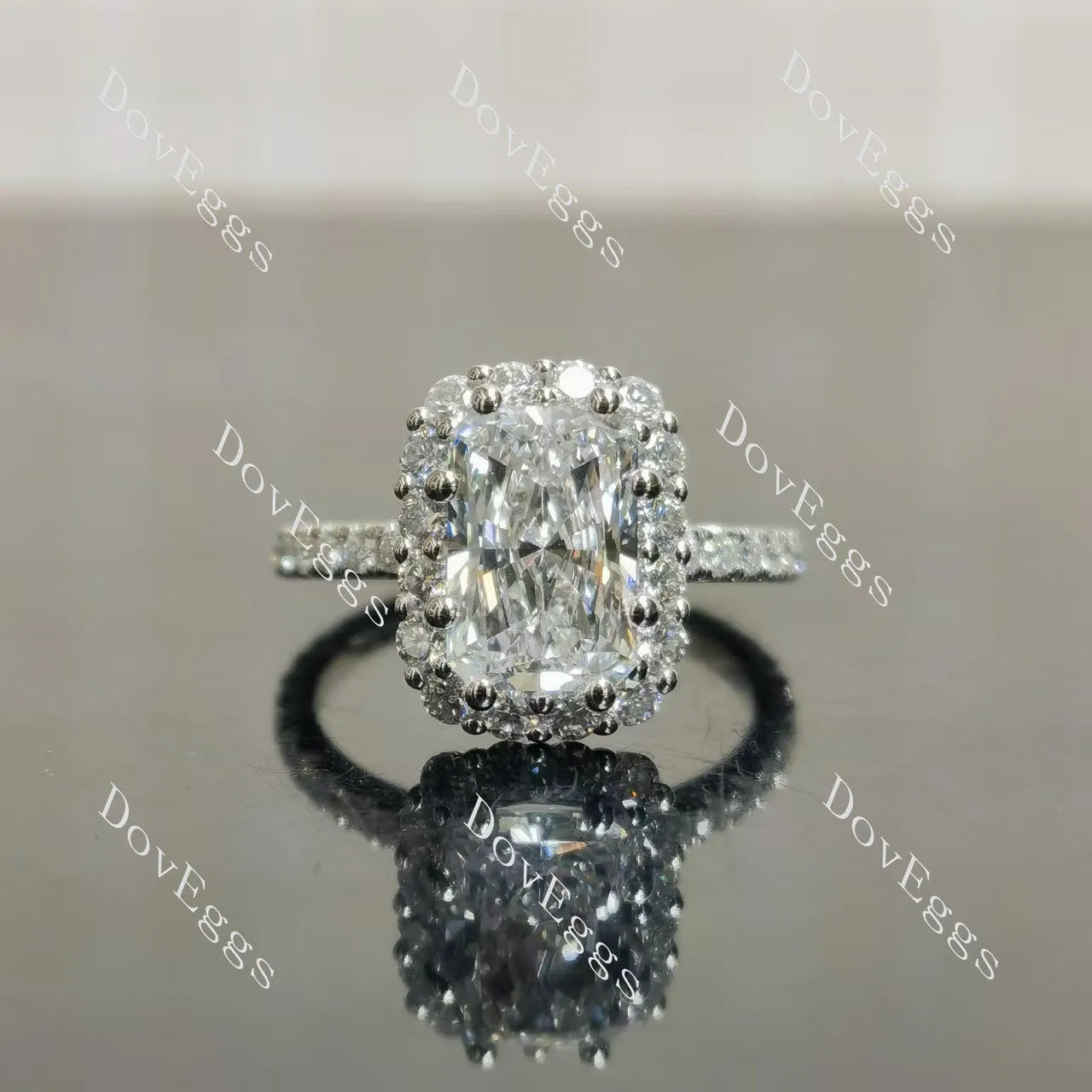 Radiant halo pave moissnaite engagement ring| DovEggs