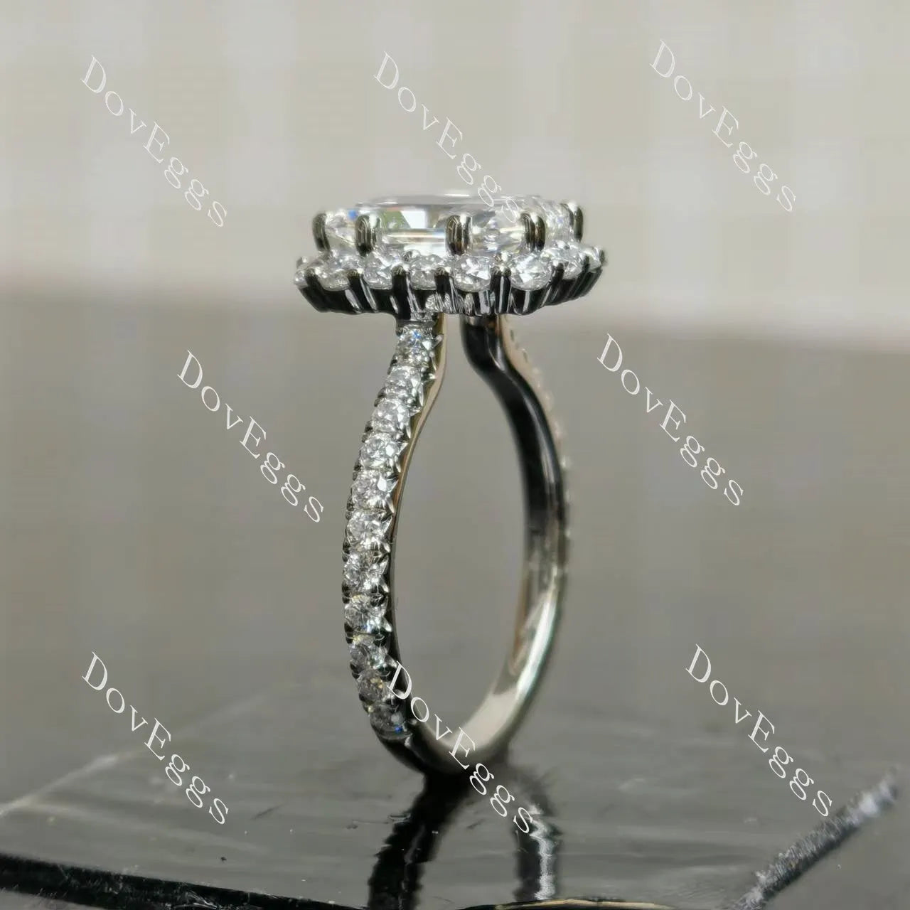 Radiant halo pave moissnaite engagement ring| DovEggs