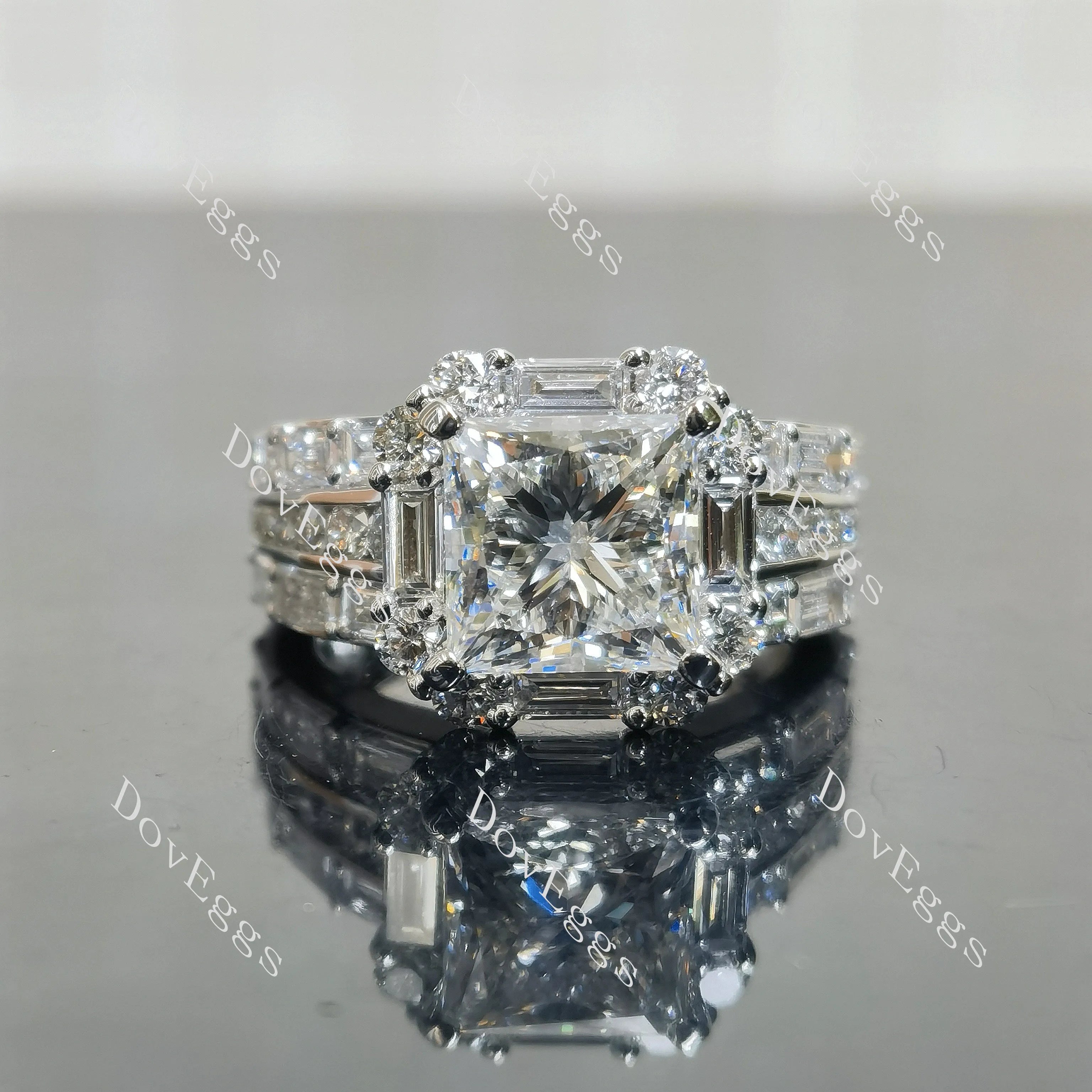 Princess halo pave art deco moissnaite engagement ring| DovEggs
