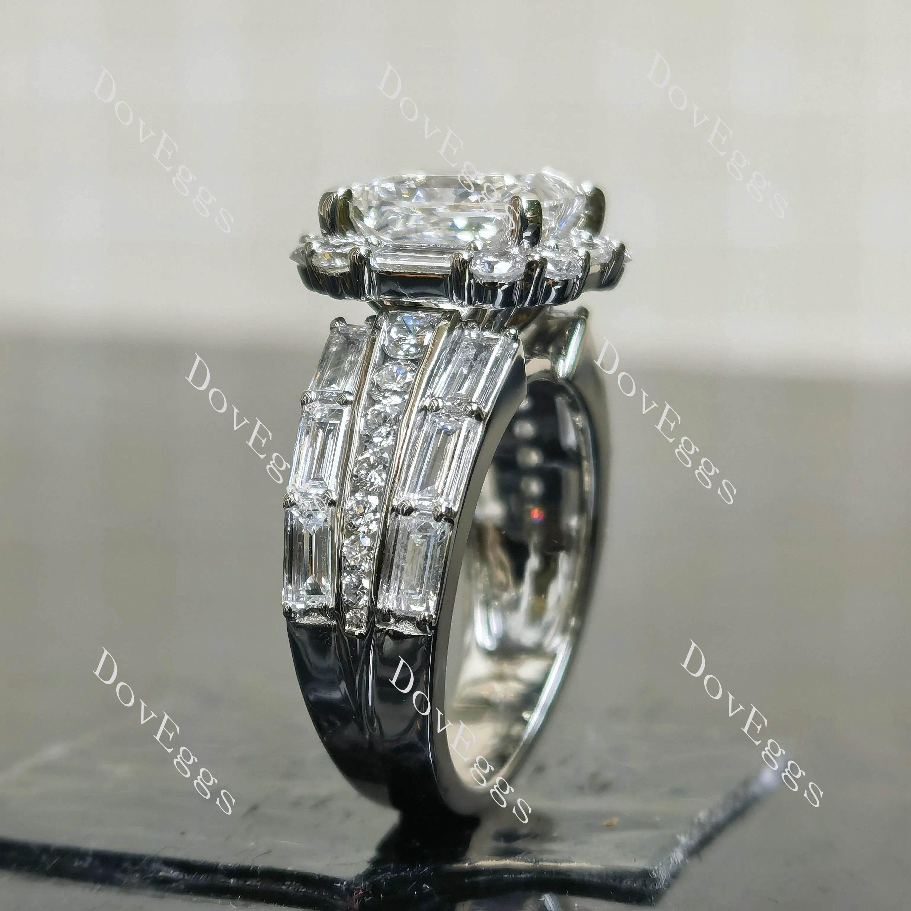 Princess halo pave art deco moissnaite engagement ring| DovEggs