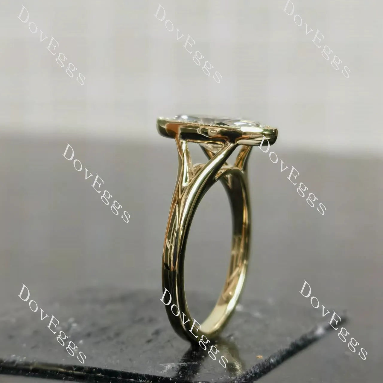 Marquise bezel solitaire split shanks moissanite engagement ring| DovEggs