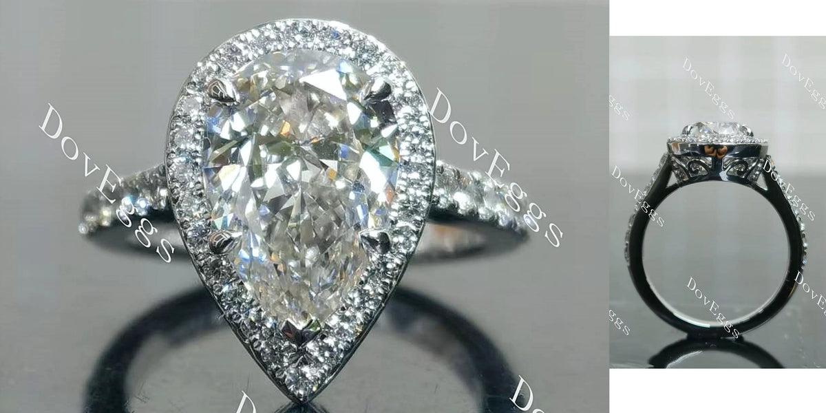 The Shana Rae-Pear vintage halo pave moissanite engagement ring| DovEggs