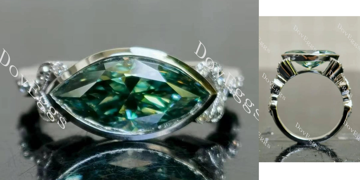 Marquise bezel art deco east to west direction colored moissanite engagement ring| Doveggs