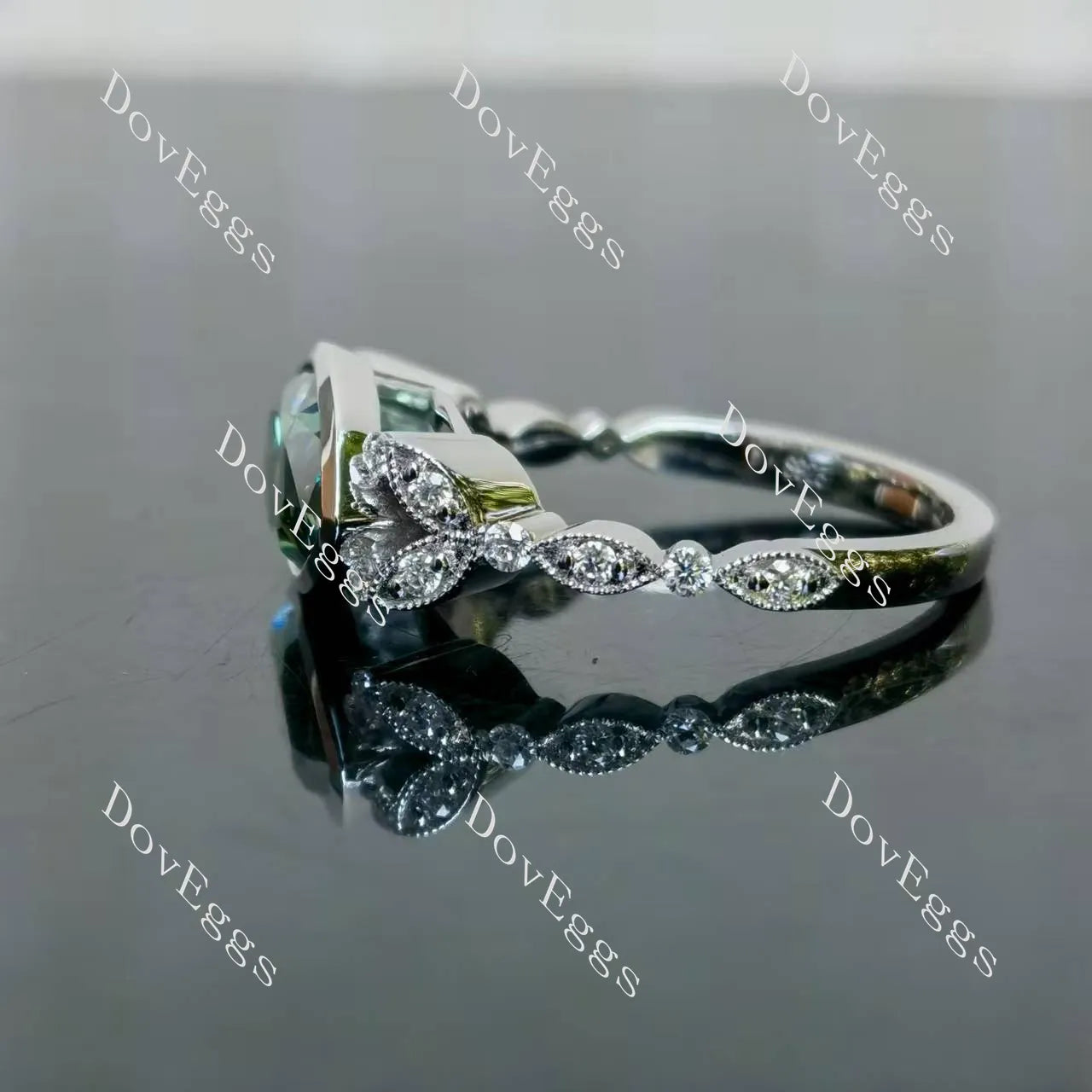 Marquise bezel art deco east to west direction colored moissanite engagement ring| Doveggs
