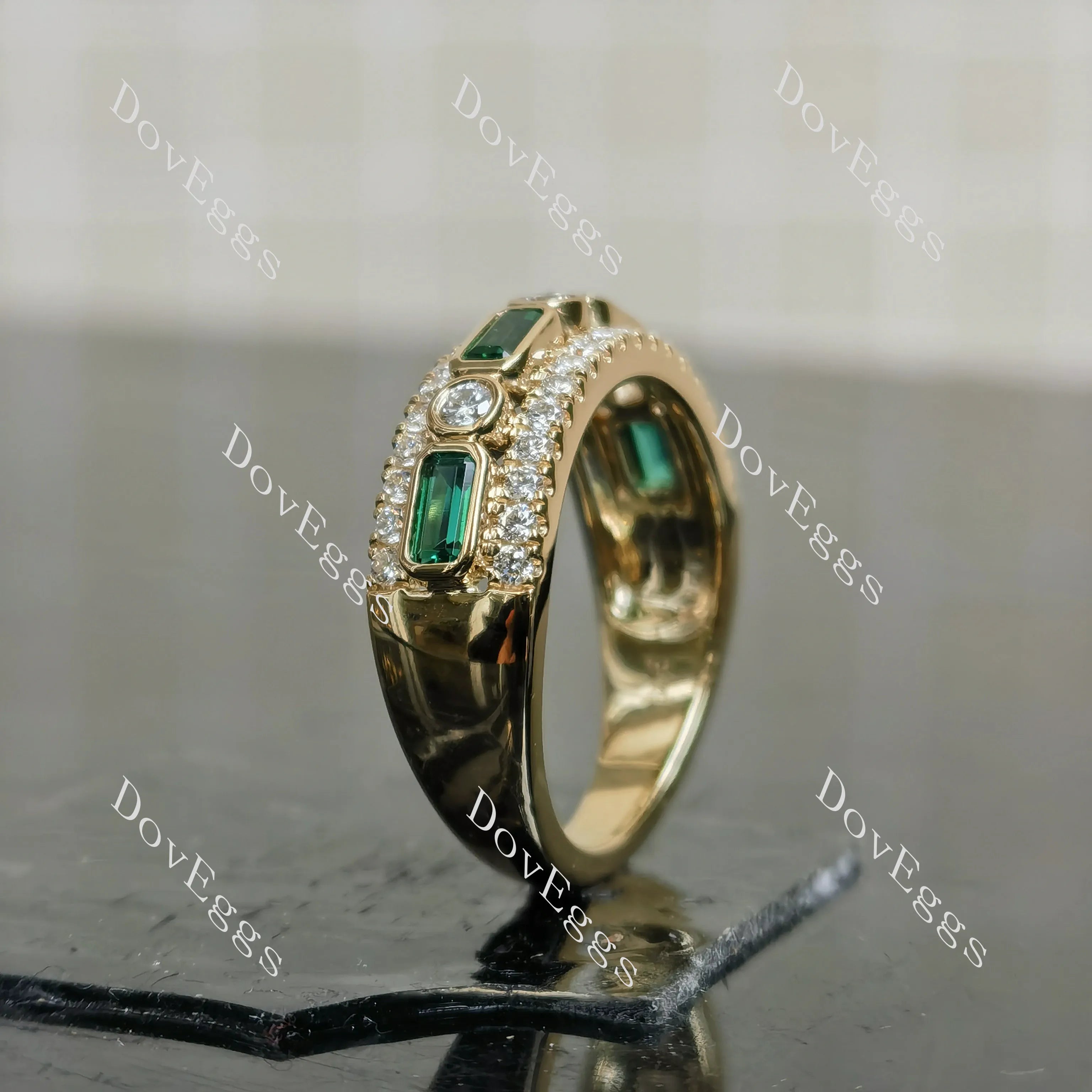 Round emerald pave bezel moissanite wedding band-6mm band width| DovEggs