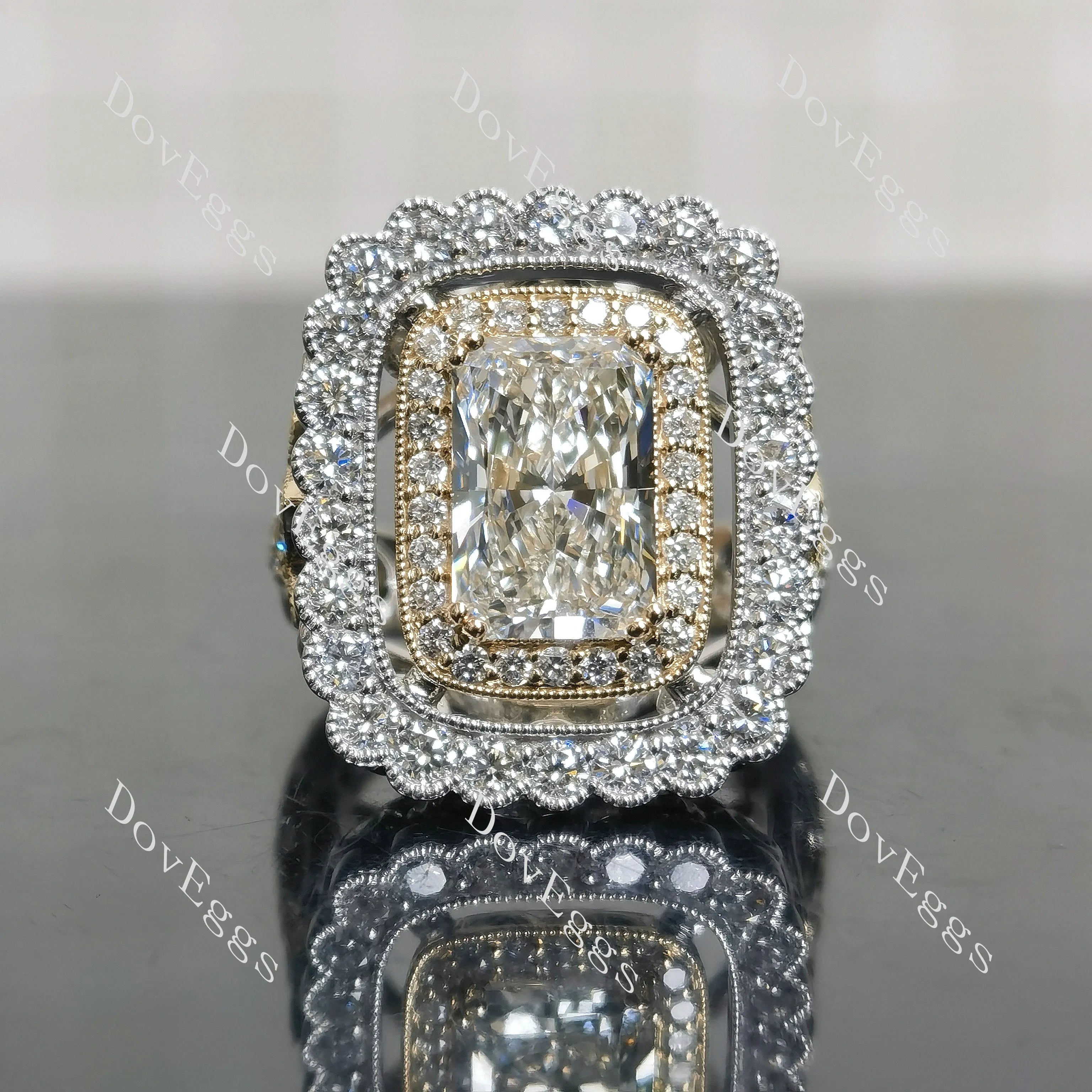 Radiant halo vintage pave moissnaite engagement ring| DovEggs