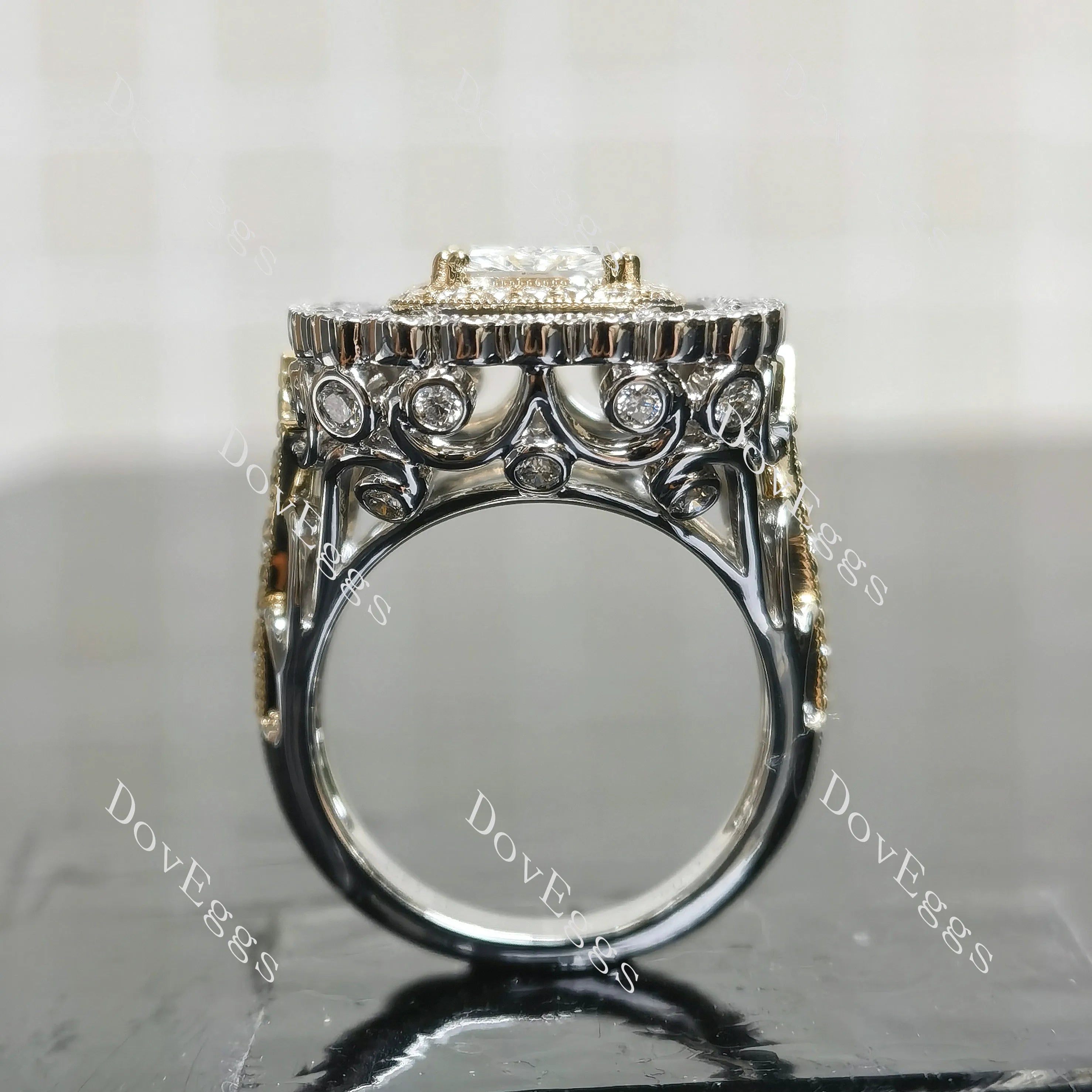 Radiant halo vintage pave moissnaite engagement ring| DovEggs
