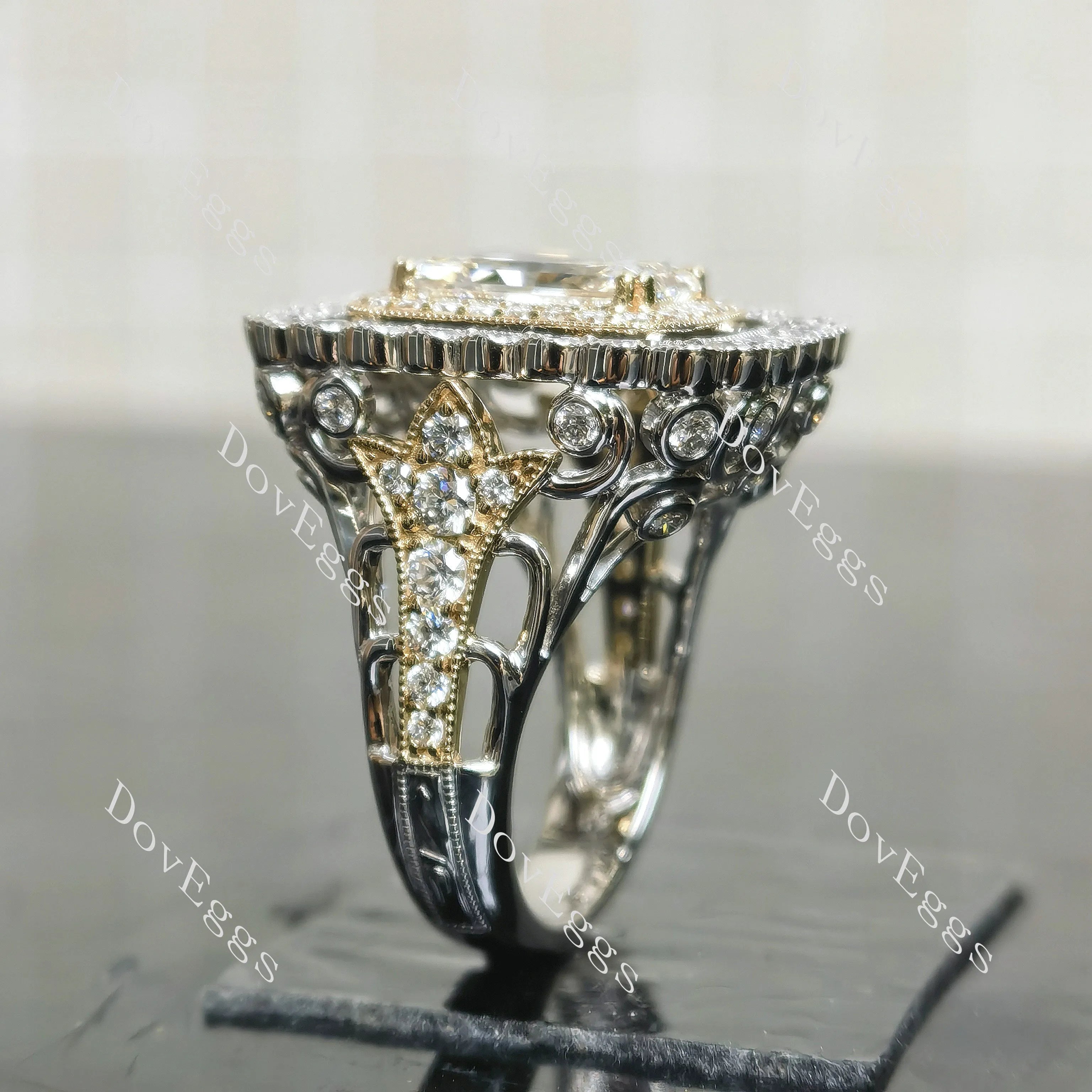 Radiant halo vintage pave moissnaite engagement ring| DovEggs