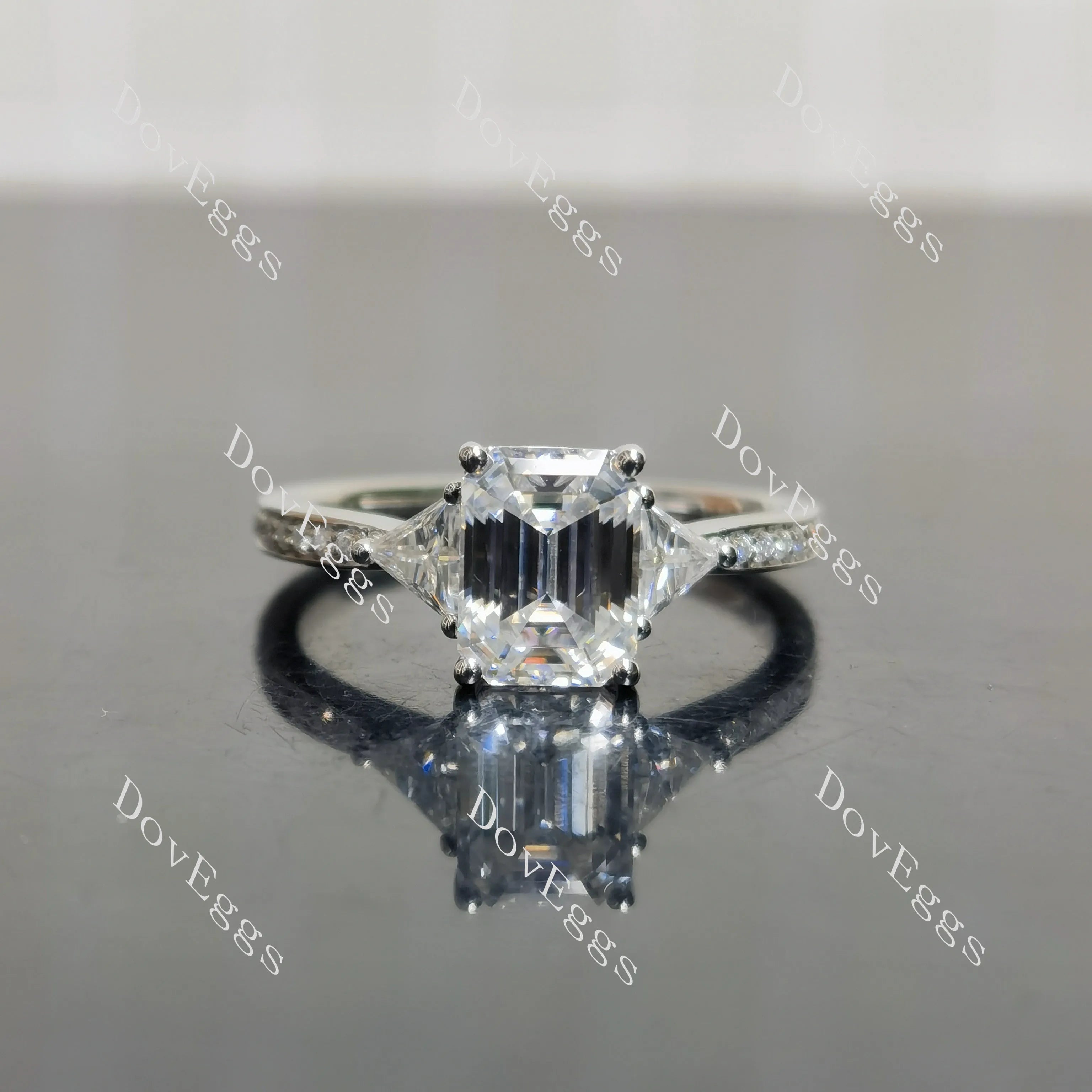 Emerald three stones pave moissanite engagement ring| DovEggs