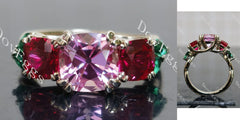 Devra's Rose cushion art deco three stones colored gem engagement ring| DovEggs