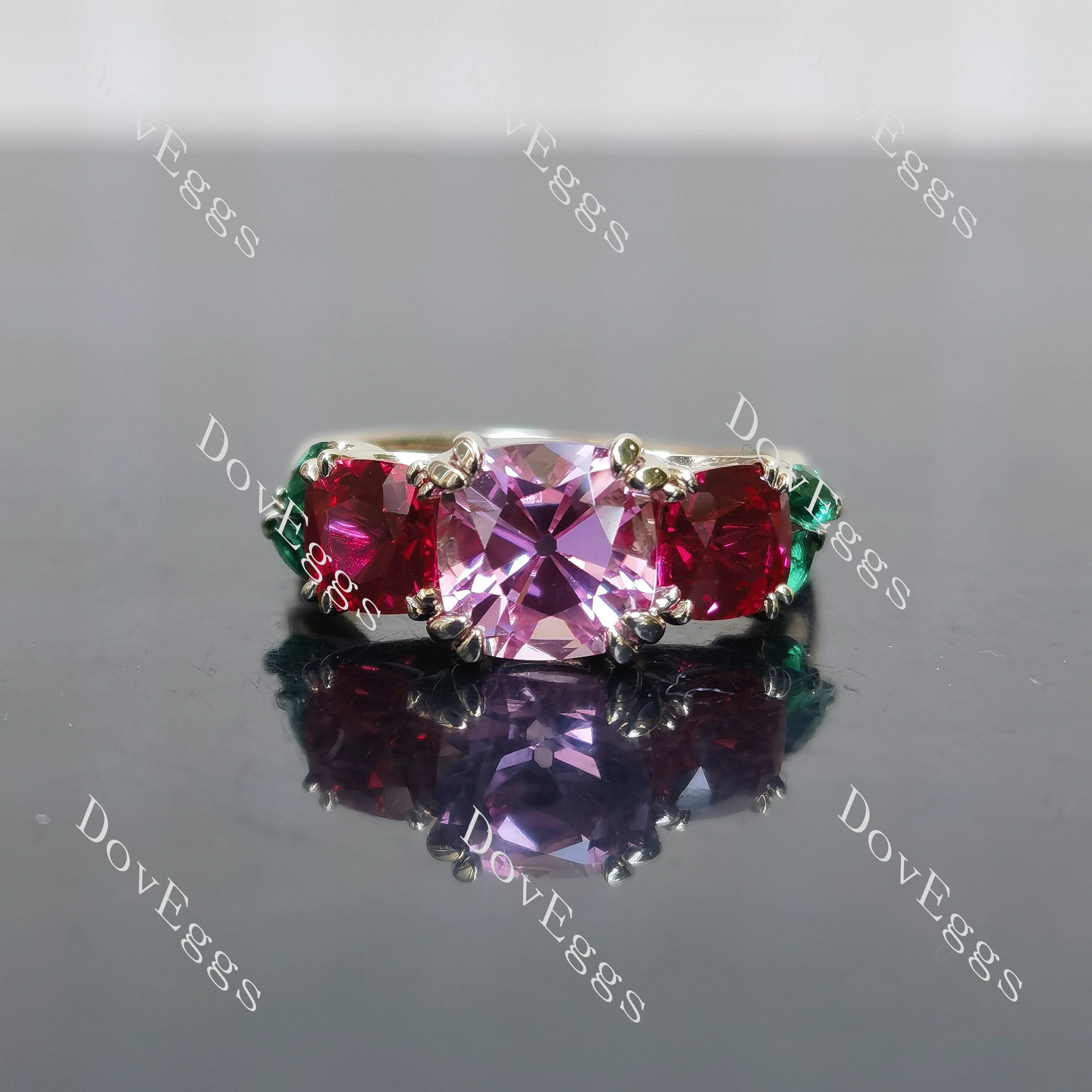 Devra's Rose cushion art deco three stones colored gem engagement ring| DovEggs