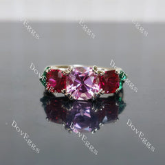 Devra's Rose cushion art deco three stones colored gem engagement ring| DovEggs