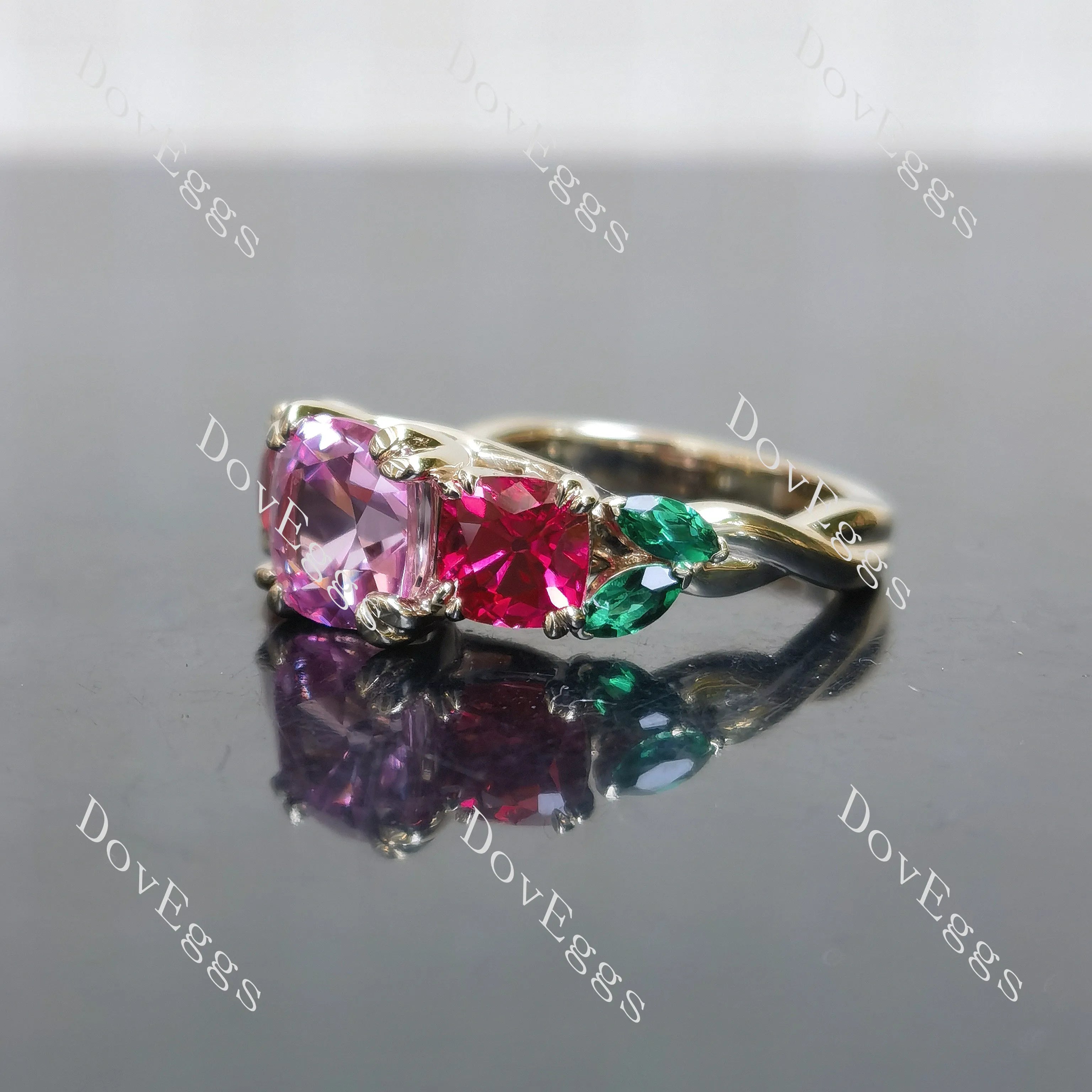Devra's Rose cushion art deco three stones colored gem engagement ring| DovEggs
