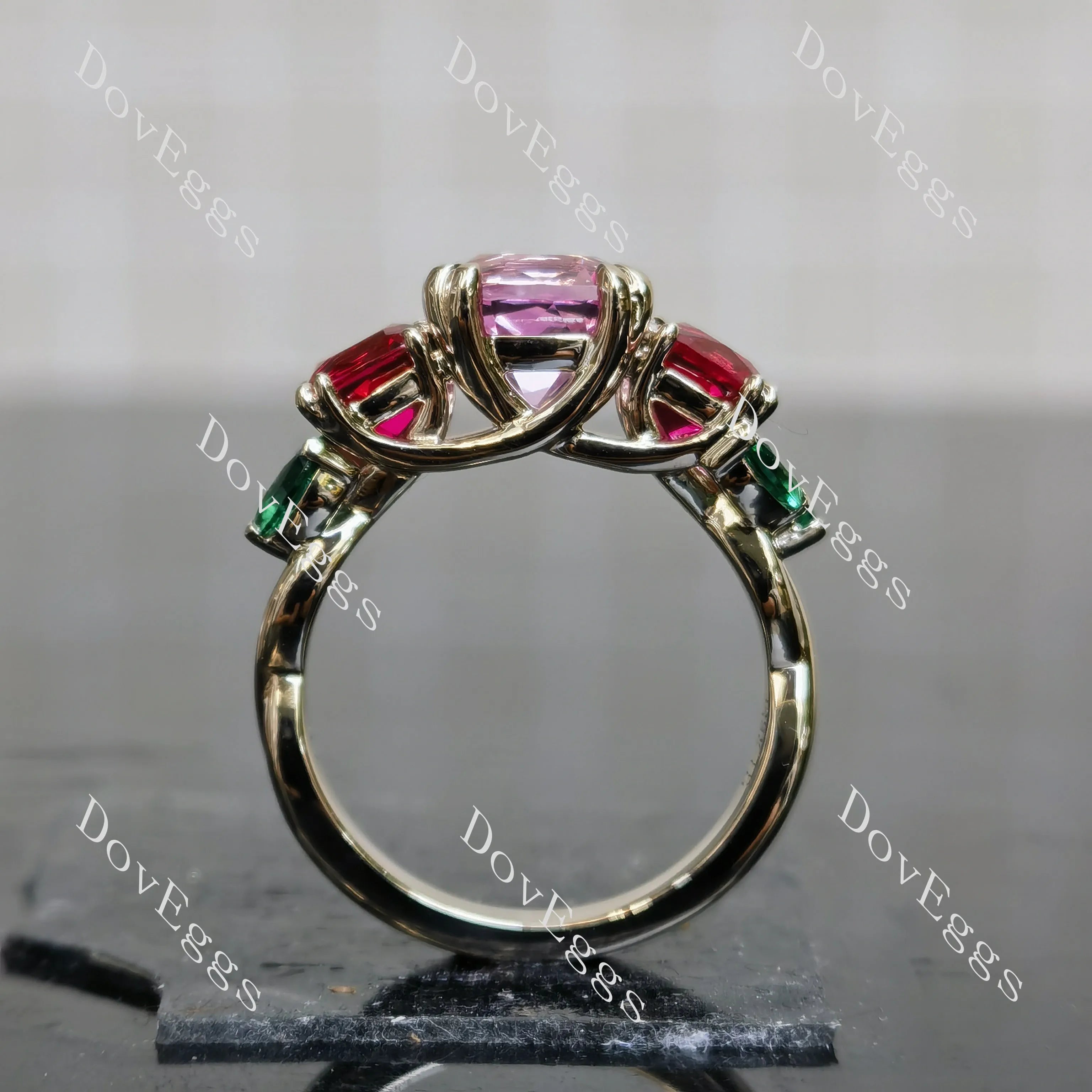 Devra's Rose cushion art deco three stones colored gem engagement ring| DovEggs