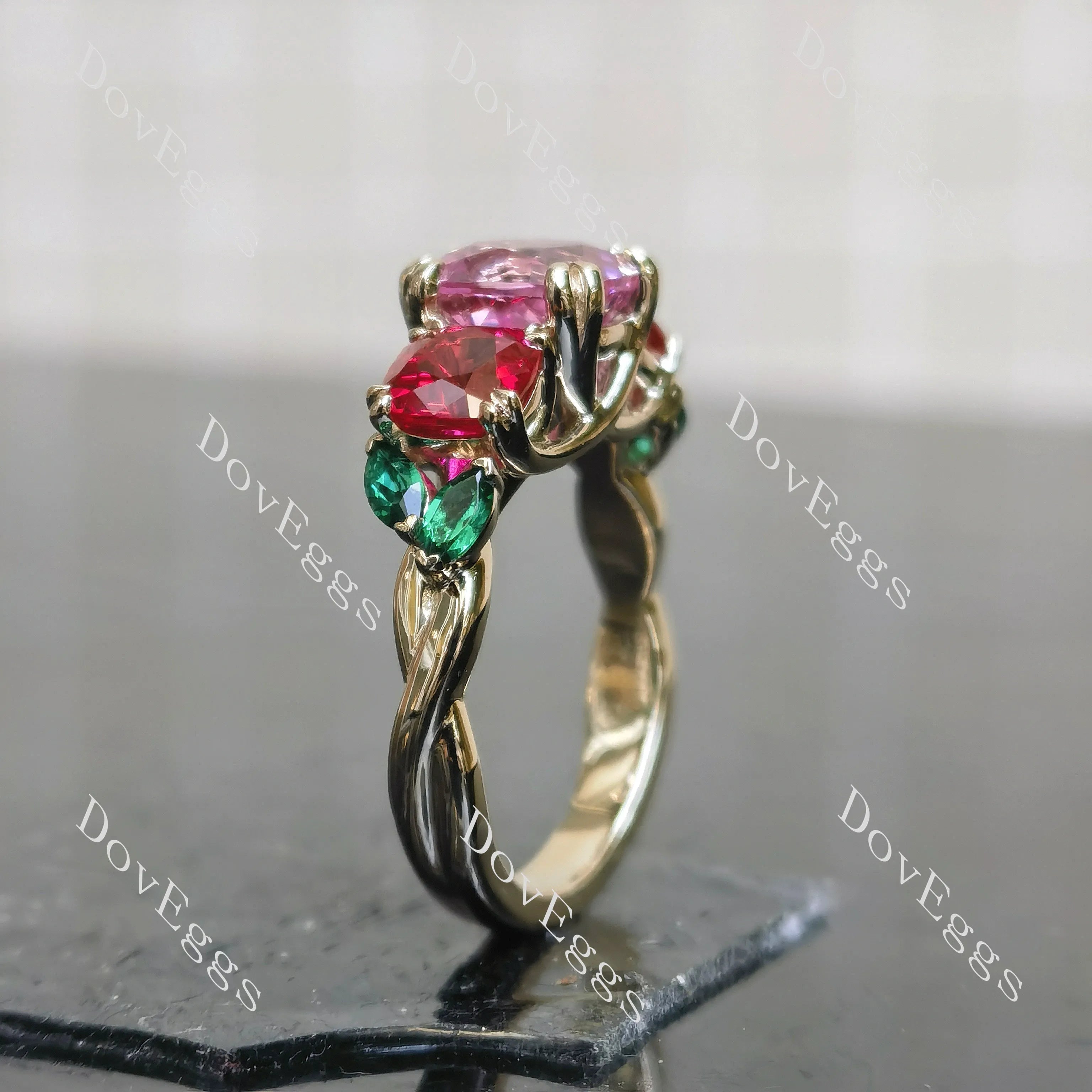 Devra's Rose cushion art deco three stones colored gem engagement ring| DovEggs