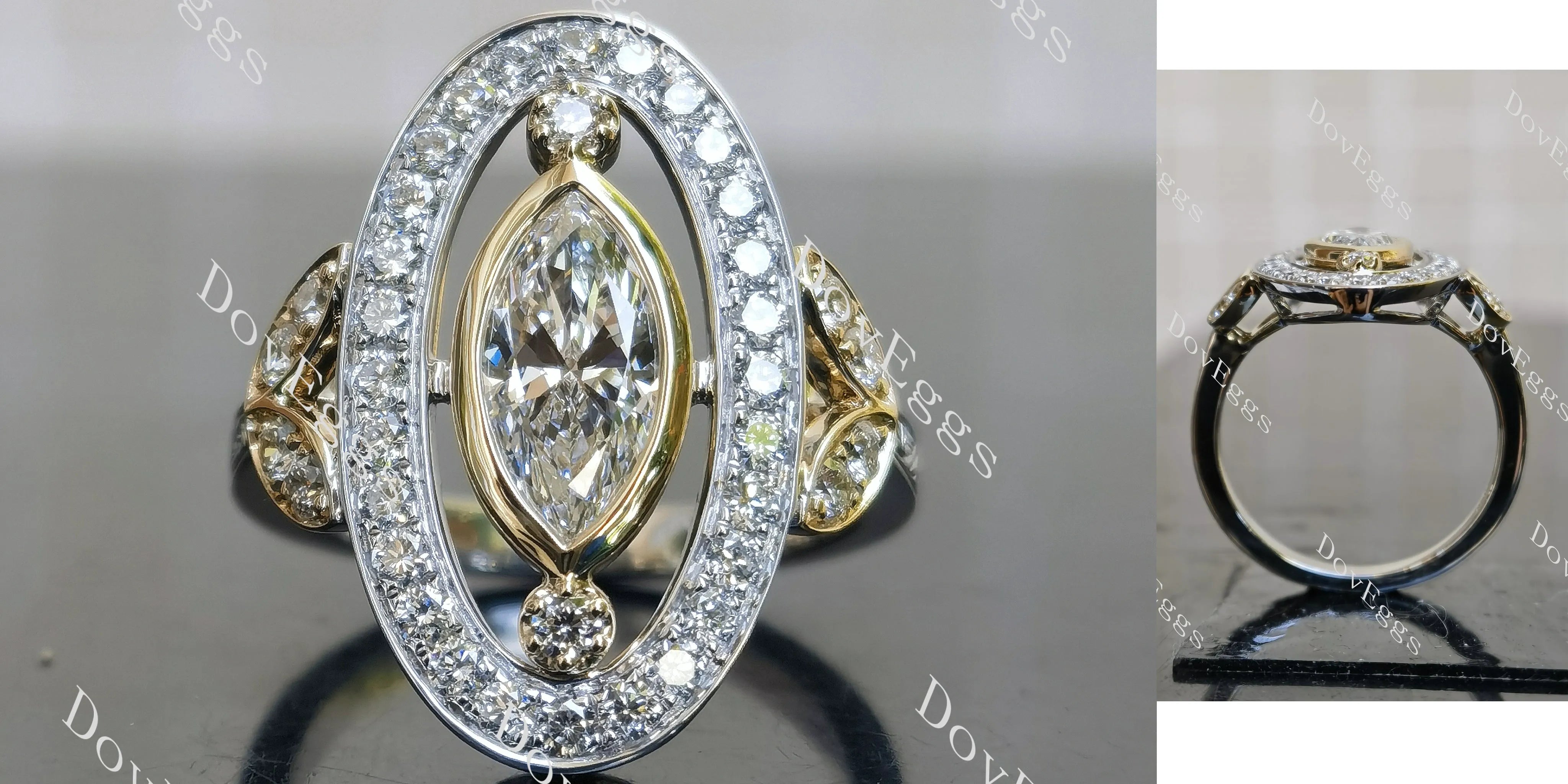 Marquise bezel art deco vintage pave moissnaite engagement ring| DovEggs