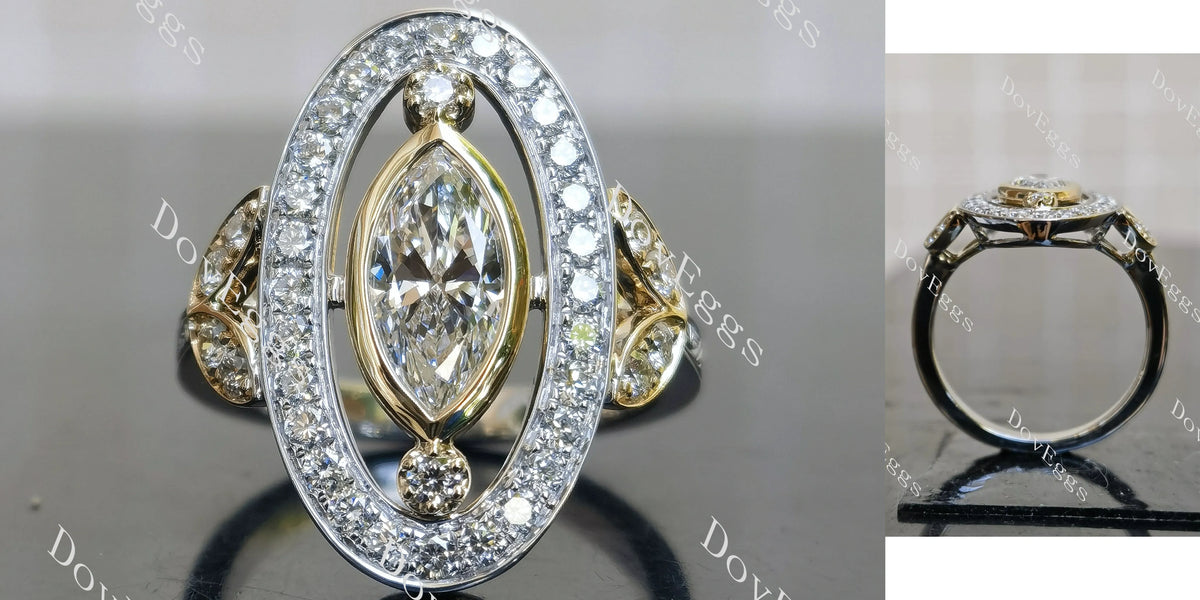 Marquise bezel art deco vintage pave moissnaite engagement ring| DovEggs