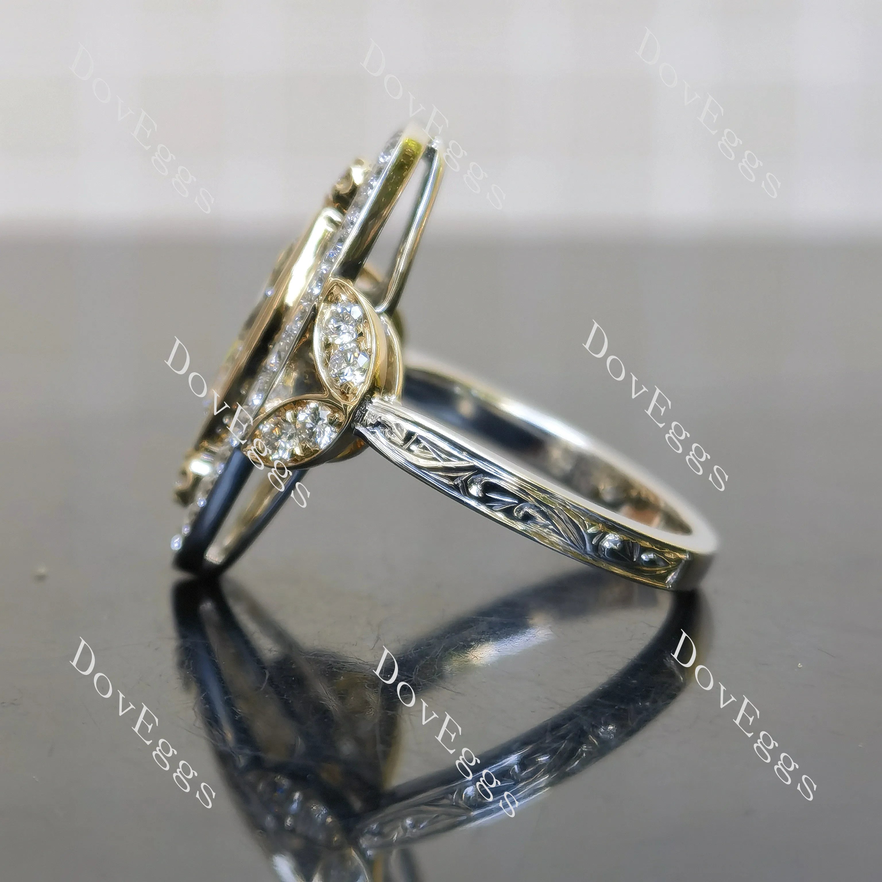 Marquise bezel art deco vintage pave moissnaite engagement ring| DovEggs