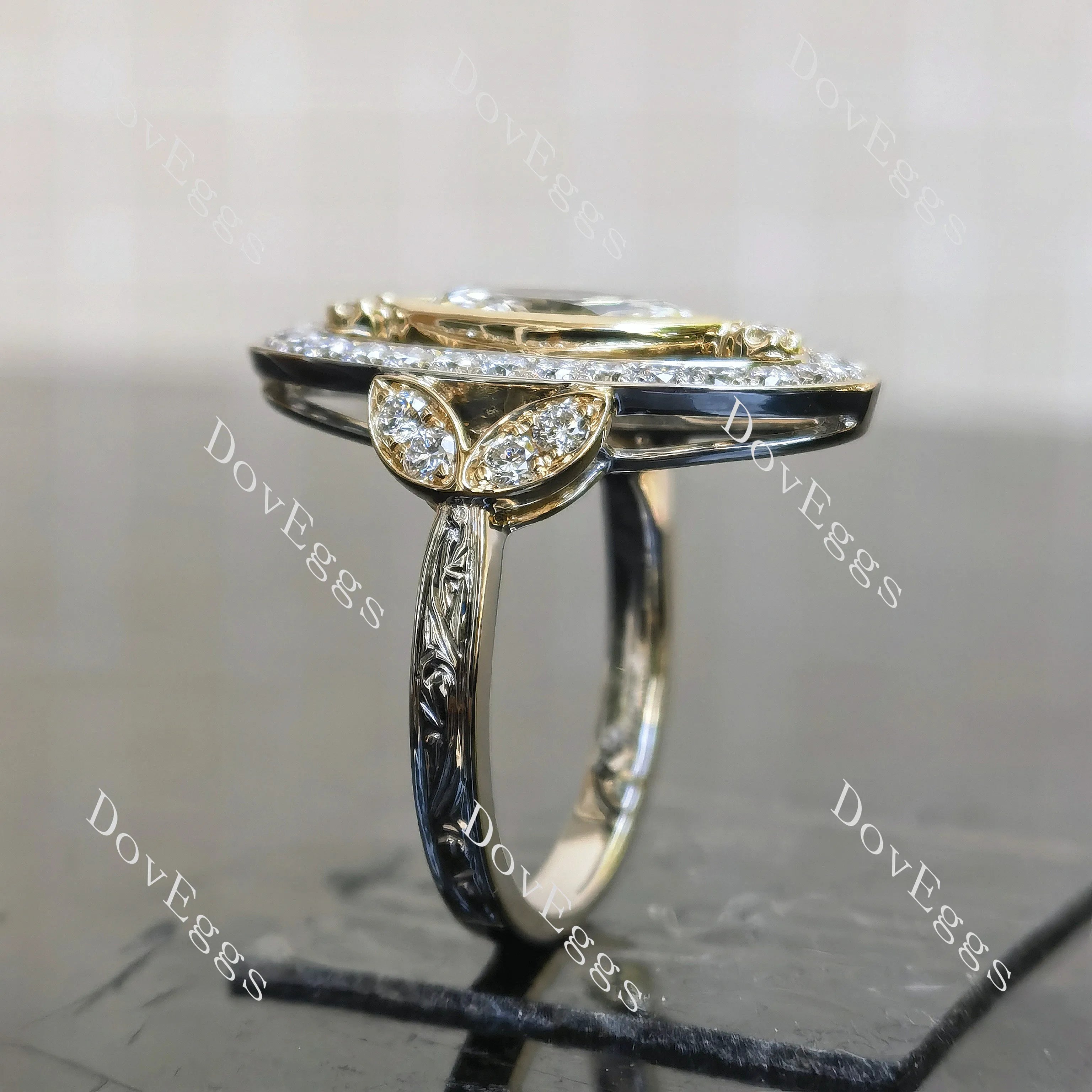 Marquise bezel art deco vintage pave moissnaite engagement ring| DovEggs