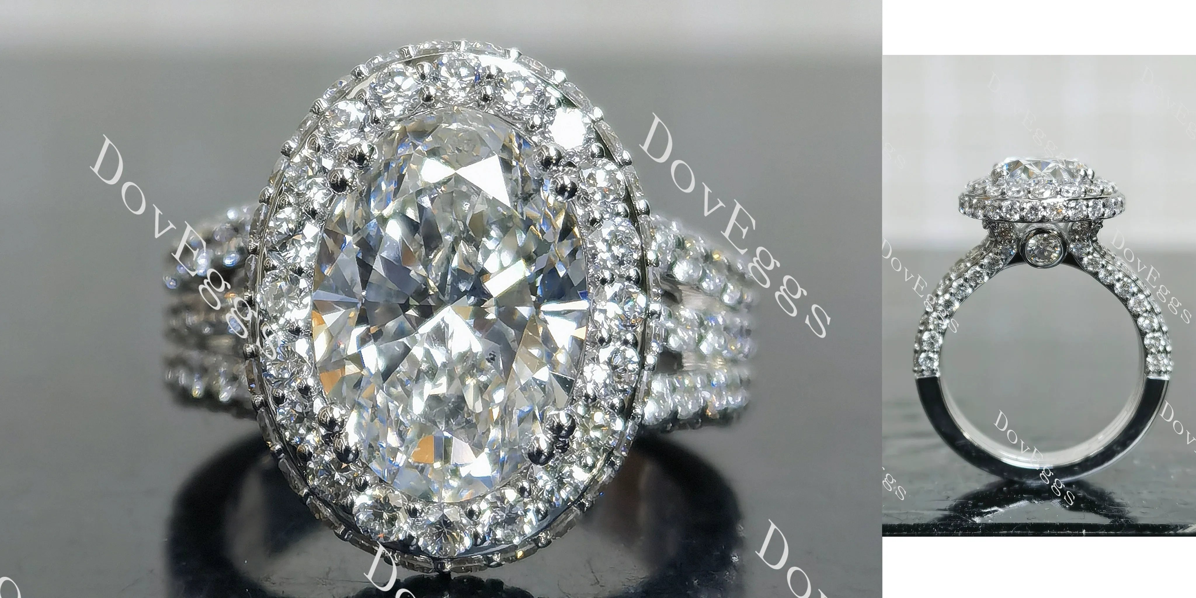 Oval halo pave vintage moissnaite engagement ring| DovEggs