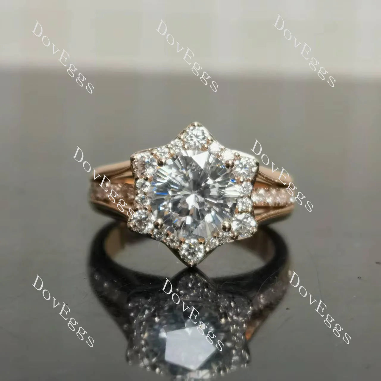 The Kendal Marie Octagon floral halo pave moissanite engagement ring | Doveggs
