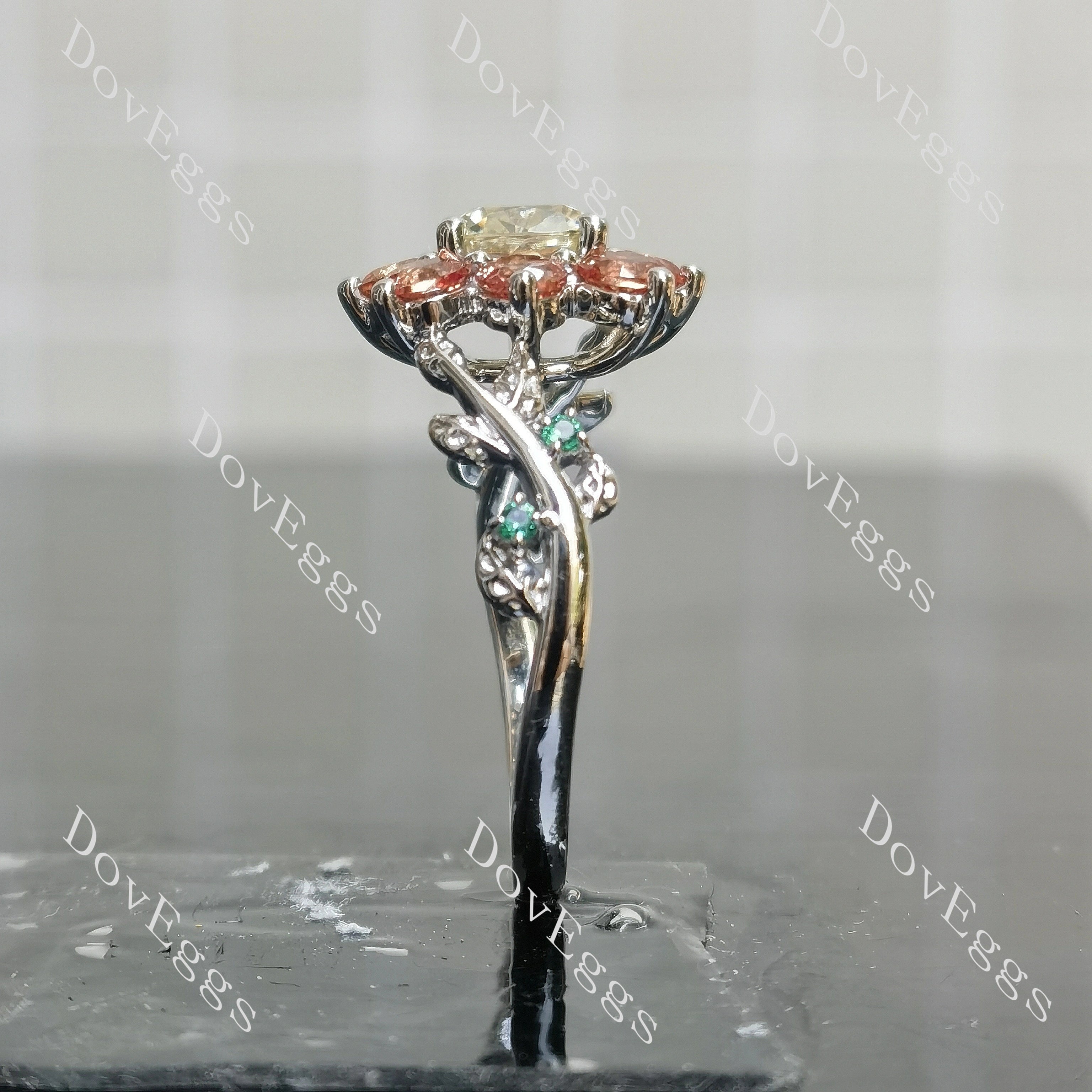 Cushion floral art deco colored gem engagement ring | DovEggs