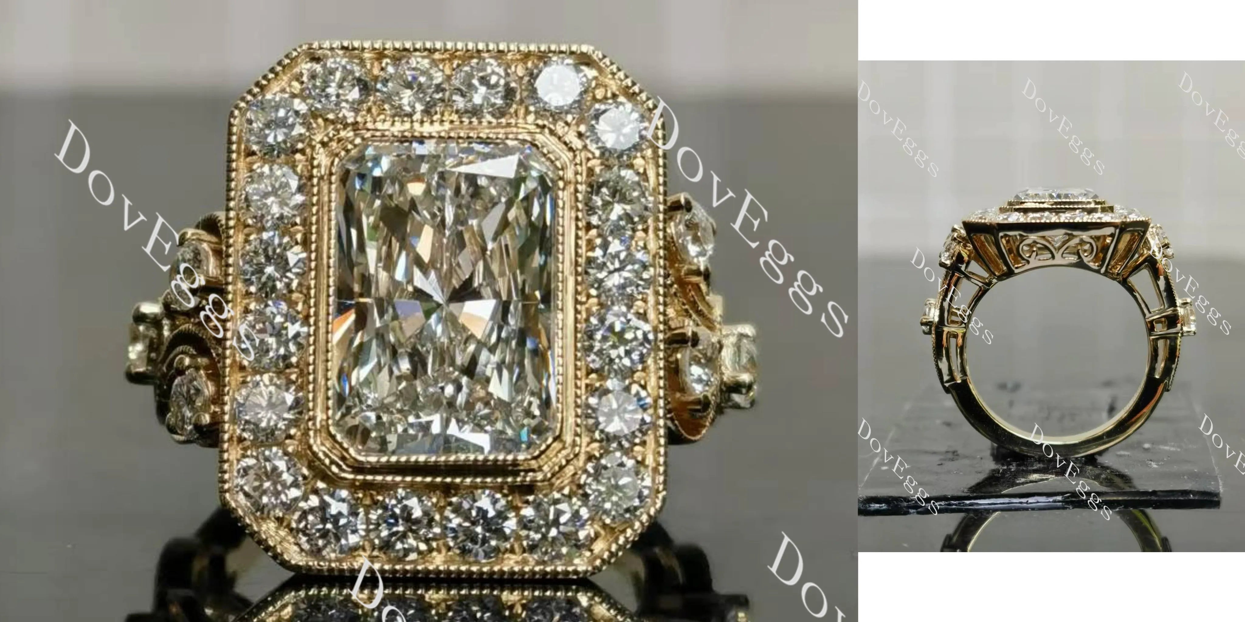 Radiant bezel halo art deco engraved arm moissanite engagement ring| DovEggs