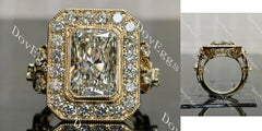 Radiant bezel halo art deco engraved arm moissanite engagement ring| DovEggs