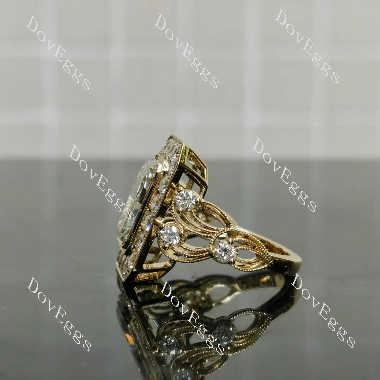 Radiant bezel halo art deco engraved arm moissanite engagement ring| DovEggs