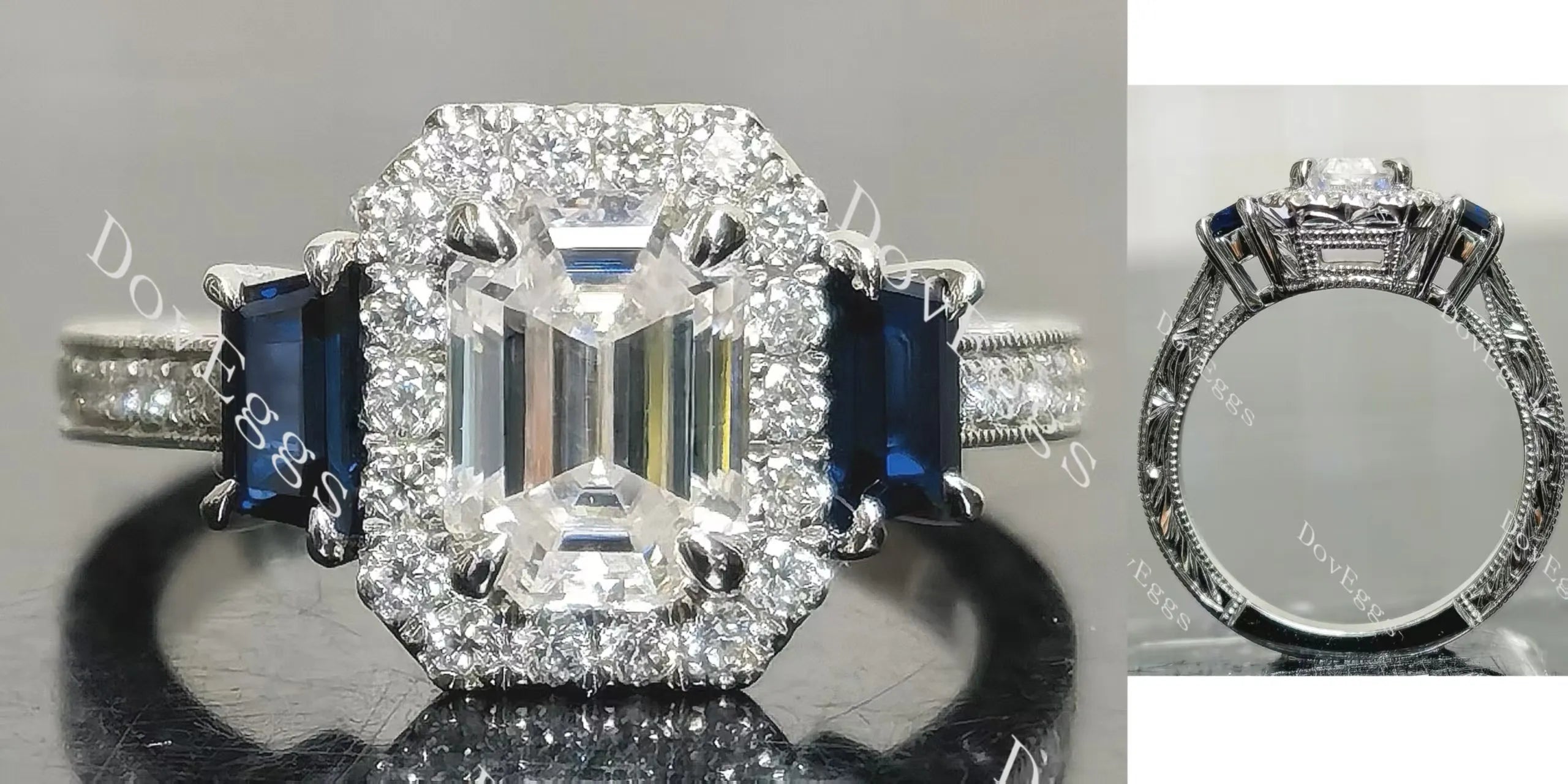 Elongated Krupp cut halo three stones engravd pave moissanite engagement ring| DovEggs