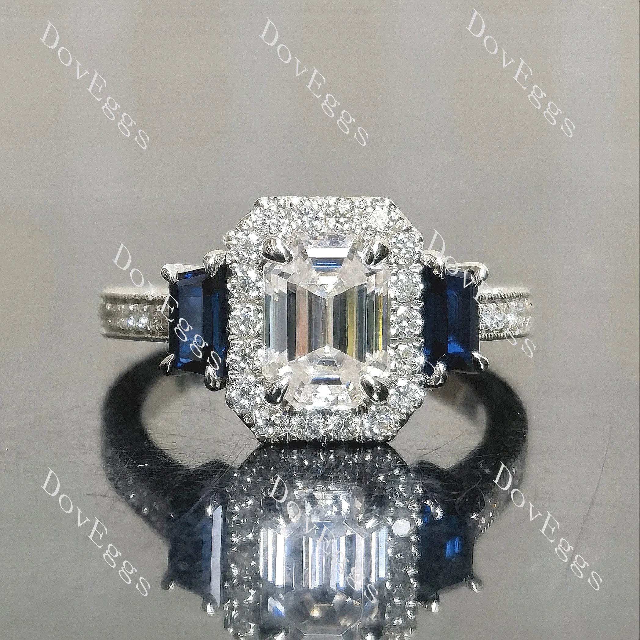 Elongated Krupp cut halo three stones engravd pave moissanite engagement ring| DovEggs