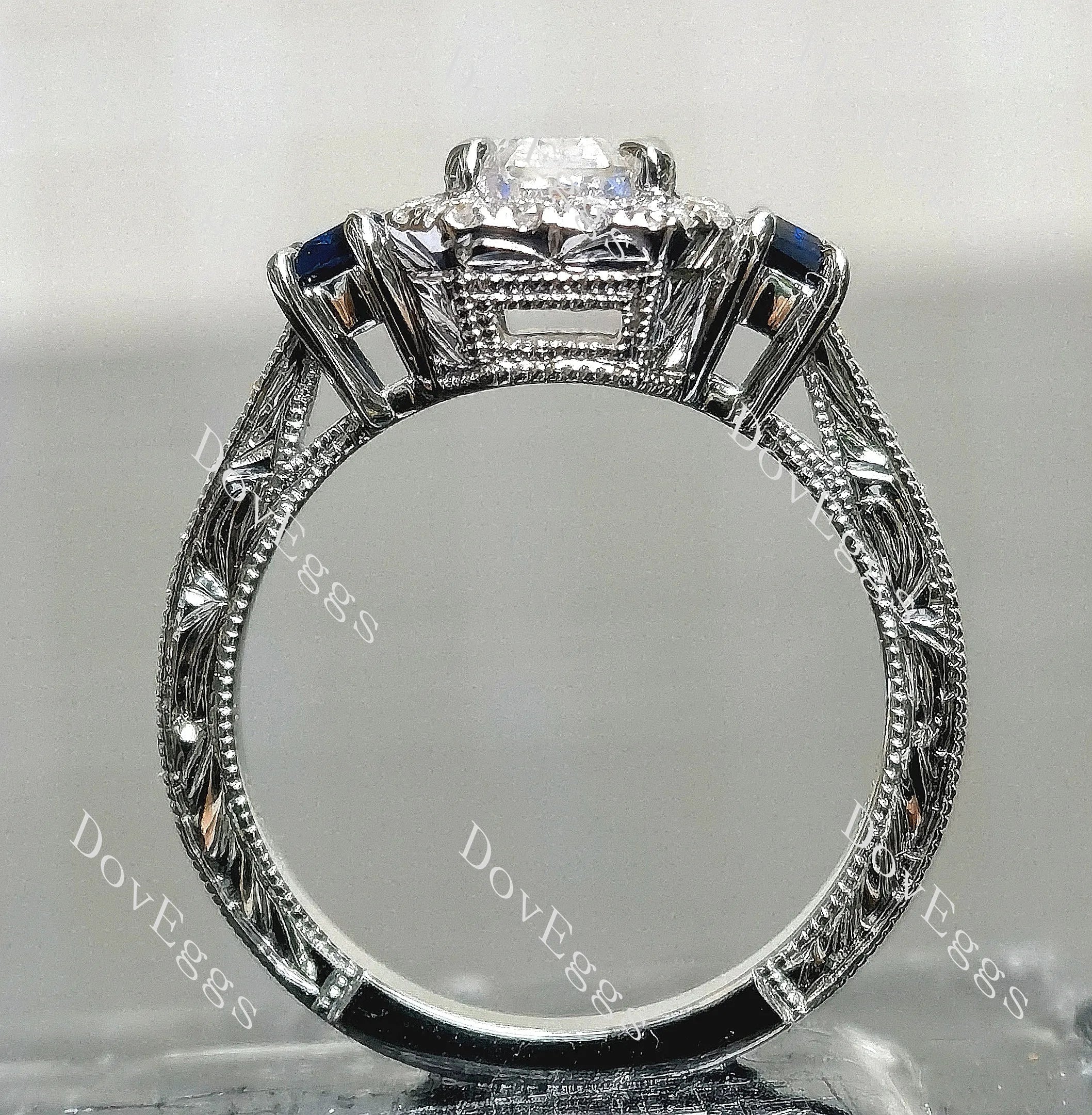 Elongated Krupp cut halo three stones engravd pave moissanite engagement ring| DovEggs