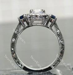 Elongated Krupp cut halo three stones engravd pave moissanite engagement ring| DovEggs