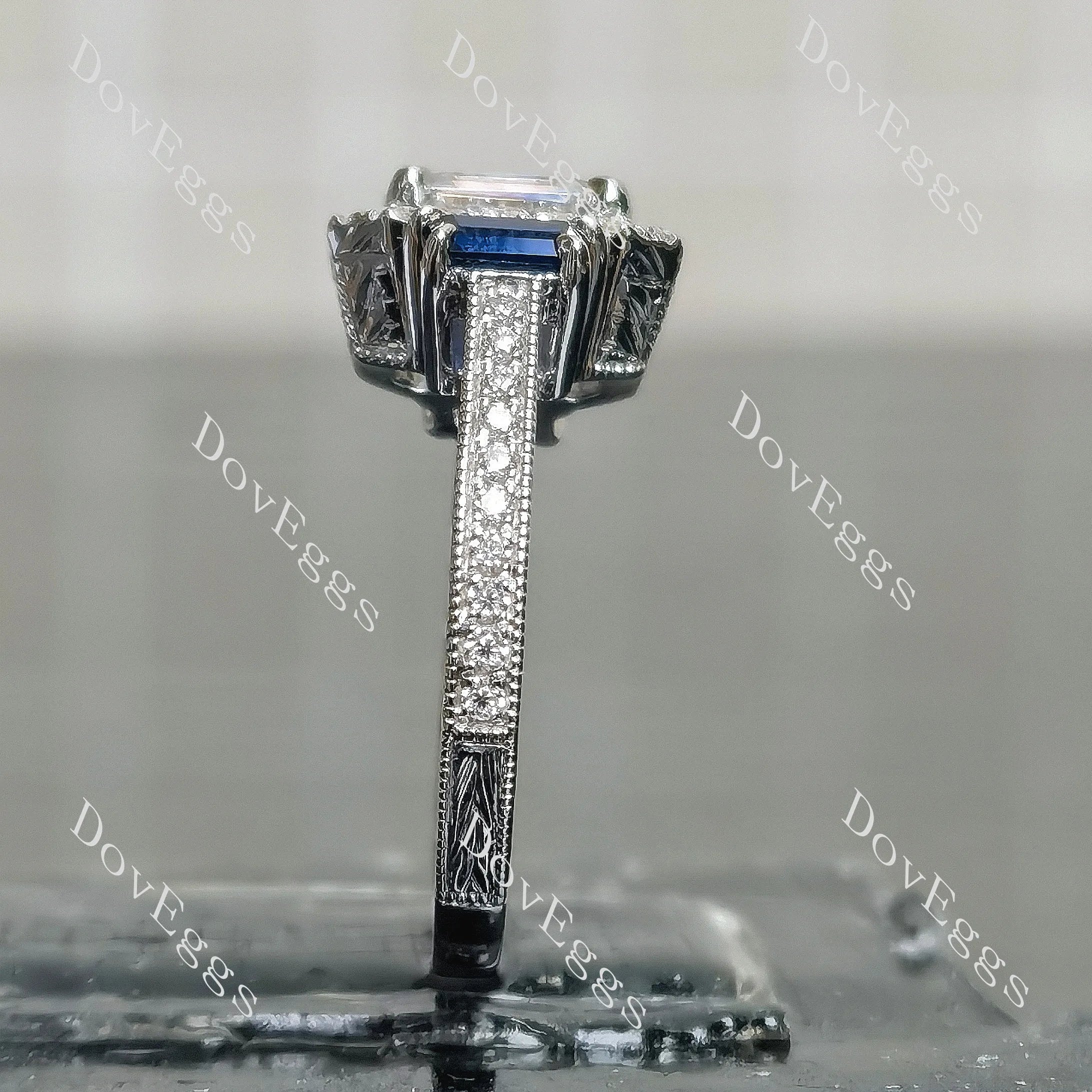 Elongated Krupp cut halo three stones engravd pave moissanite engagement ring| DovEggs