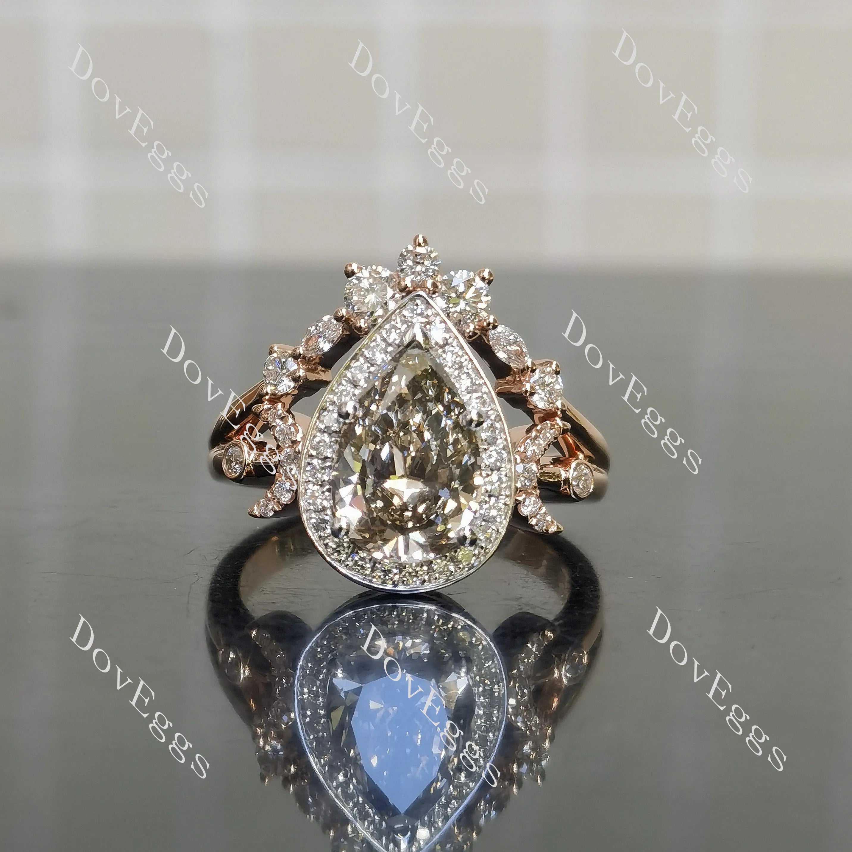Pear halo pave art deco moissanite engagement ring| DovEggs