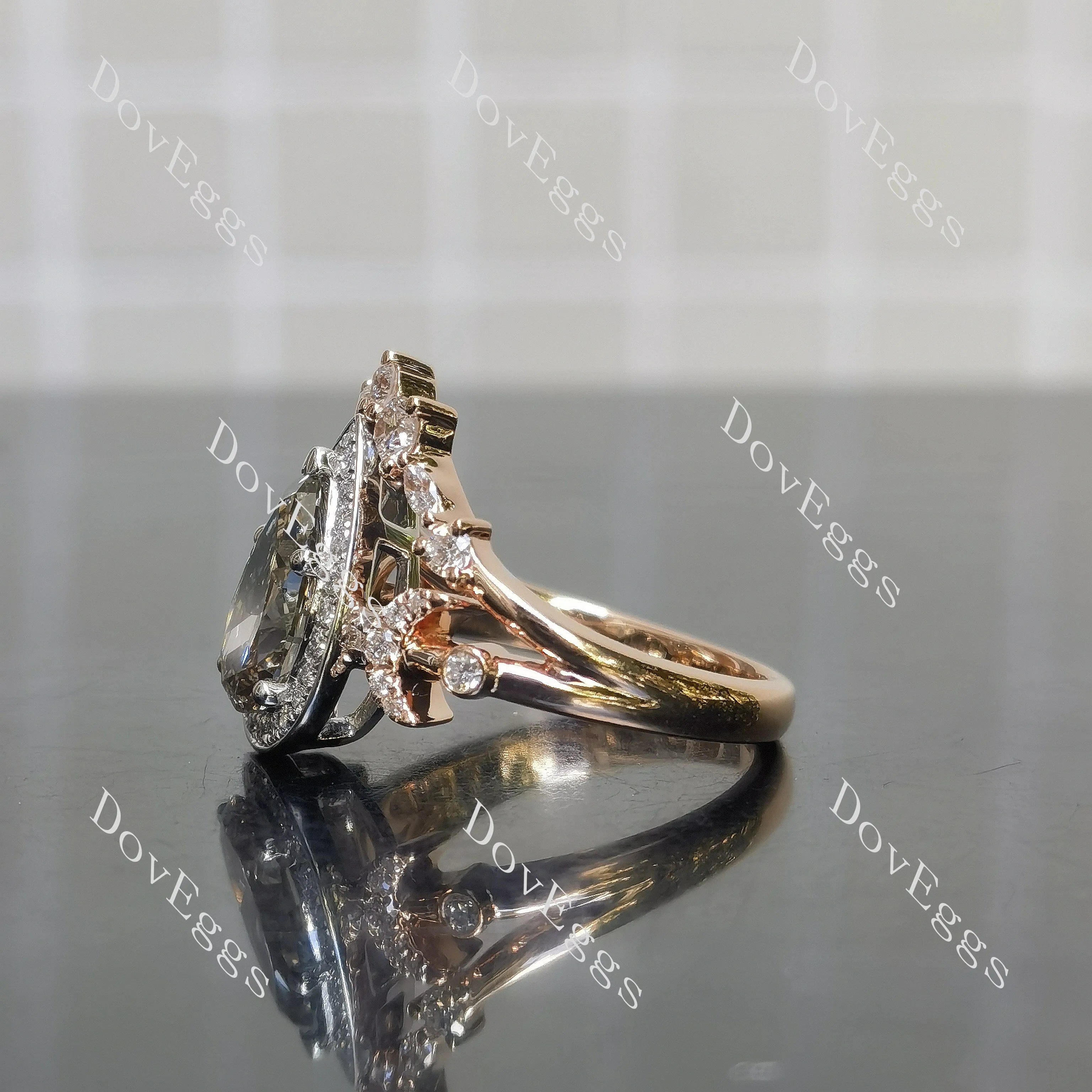 Pear halo pave art deco moissanite engagement ring| DovEggs